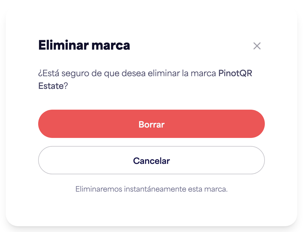 El diálogo de confirmación 'Eliminar marca' advirtiendo sobre las etiquetas electrónicas existentes