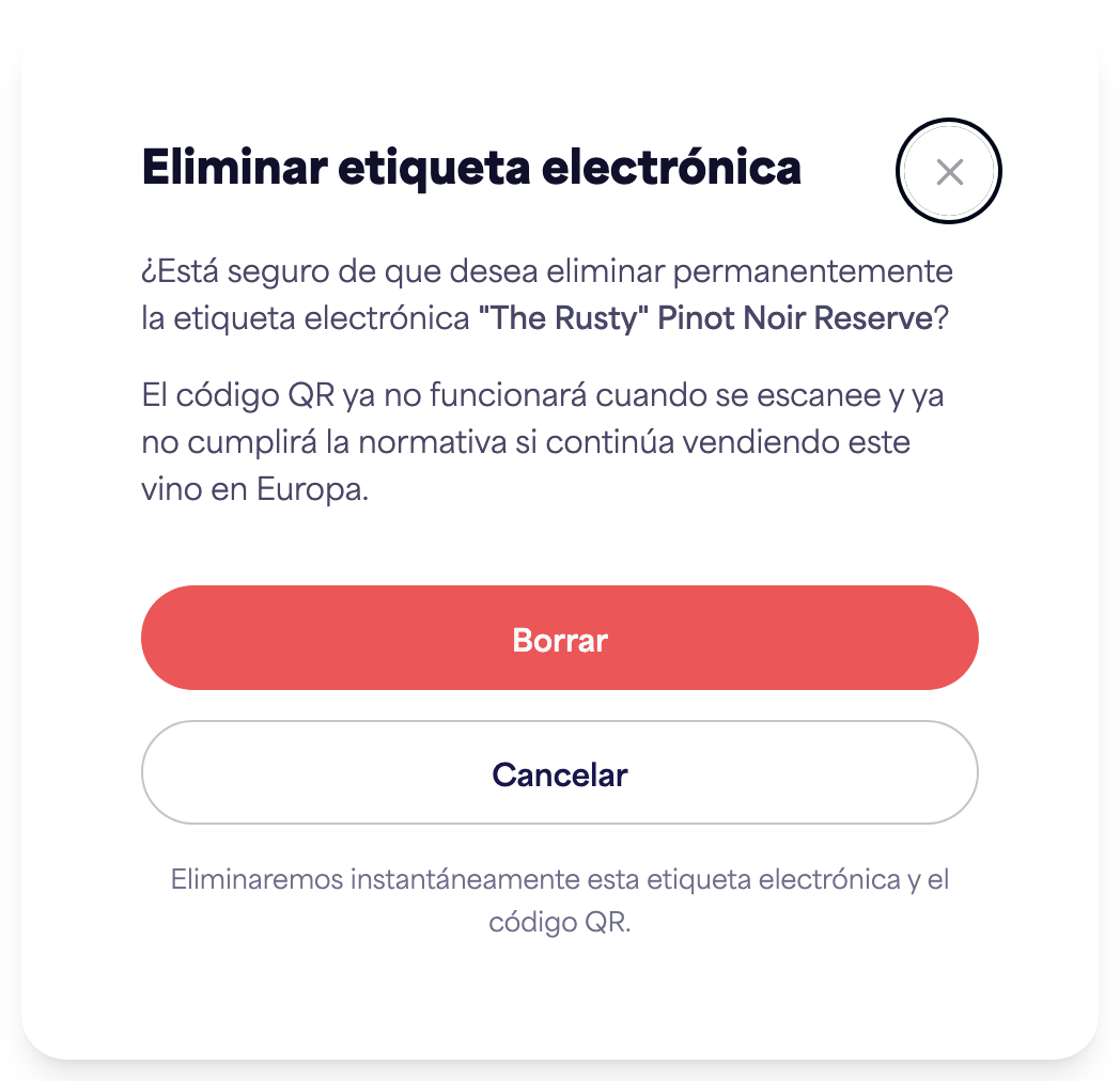 El diálogo de confirmación "Eliminar etiqueta electrónica"