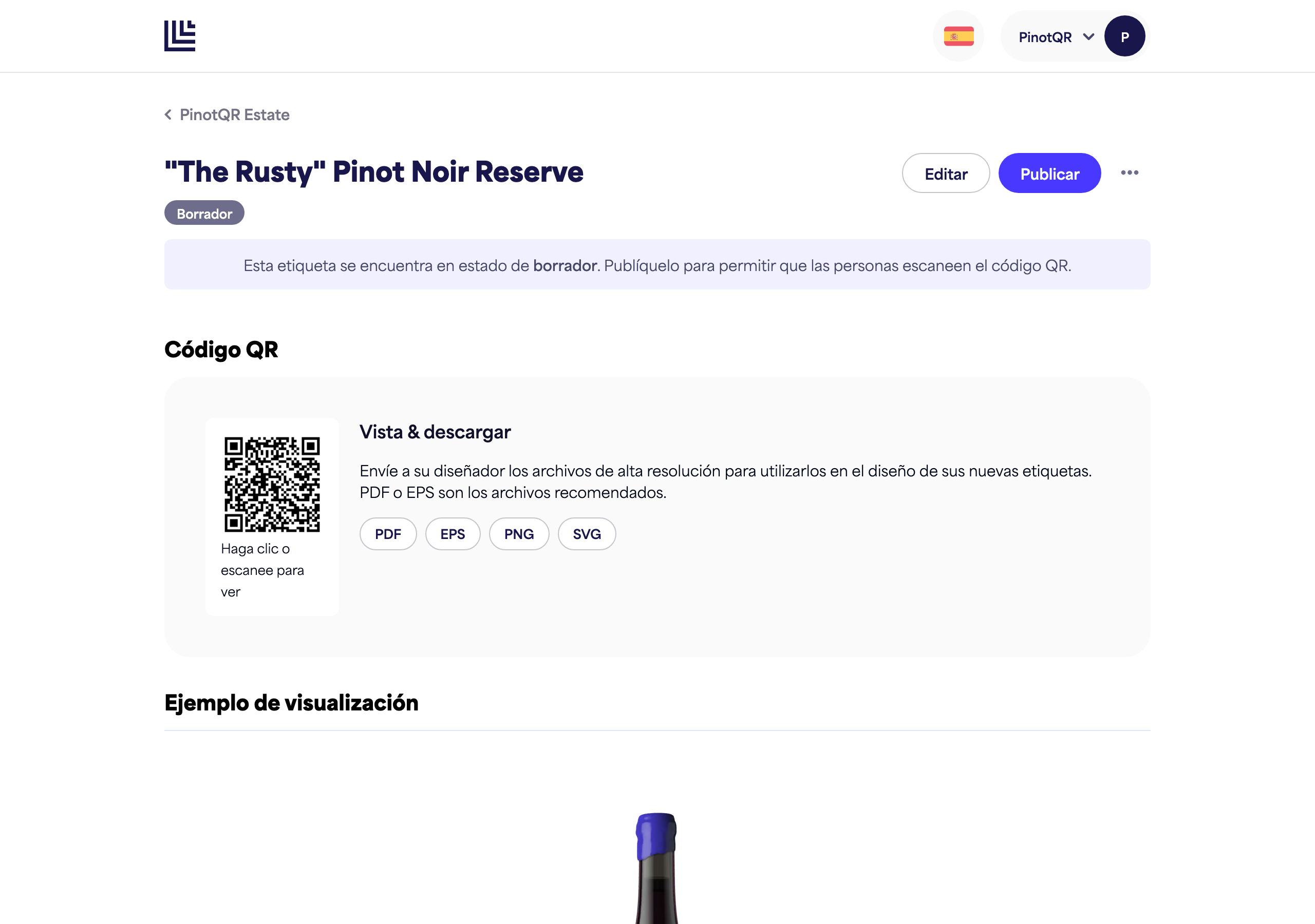 Una e-etiqueta en borrador mostrando el aviso de borrador y el botón "Publicar"