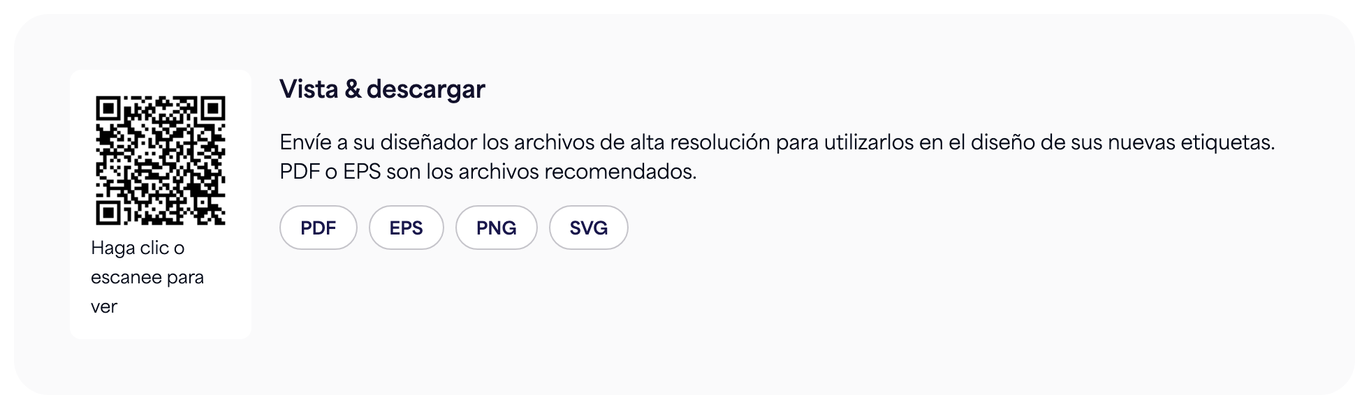 La sección de Código QR en una página de etiqueta electrónica con los botones de descarga de PDF, EPS, PNG y SVG
