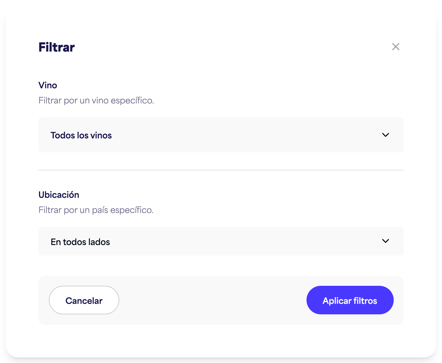 El panel de filtros de Insights (tiempo, vino, ubicación)