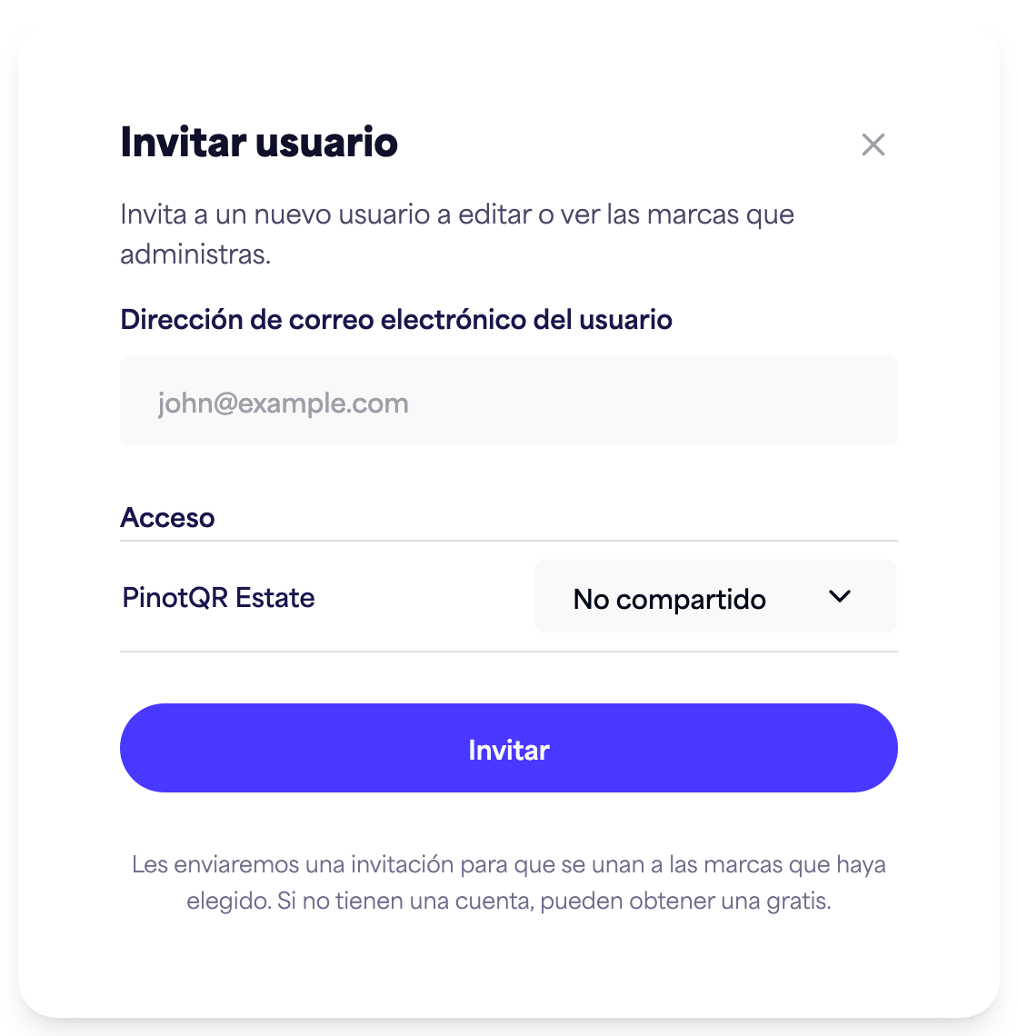 El diálogo "Invitar usuario" con el campo de correo electrónico y las opciones de acceso por marca