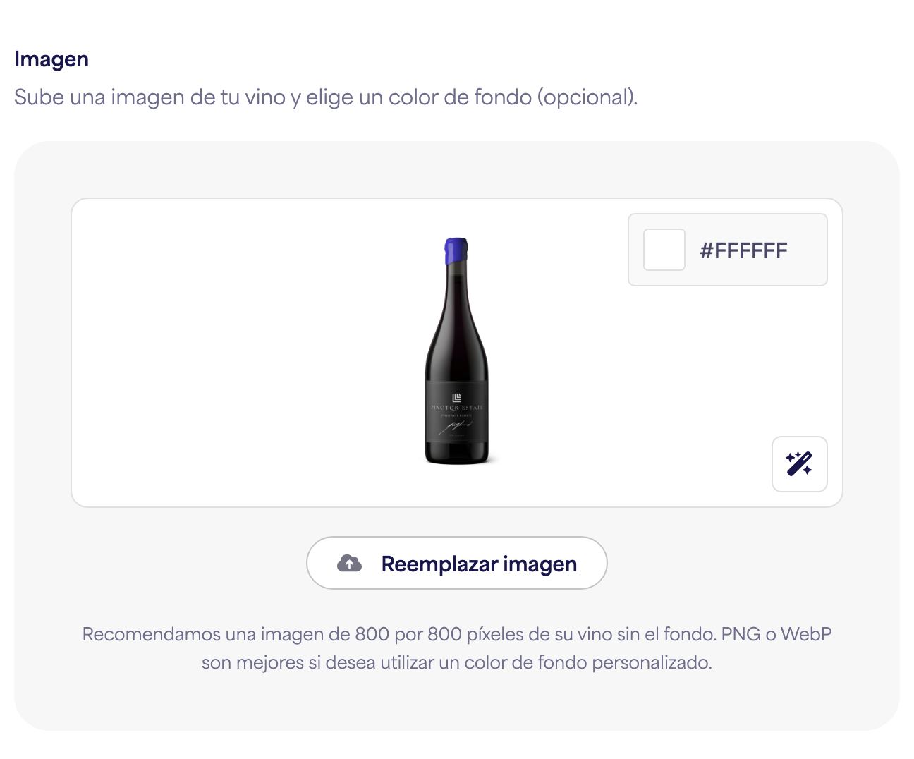 El cargador de imagen de botella con una imagen de vino de muestra