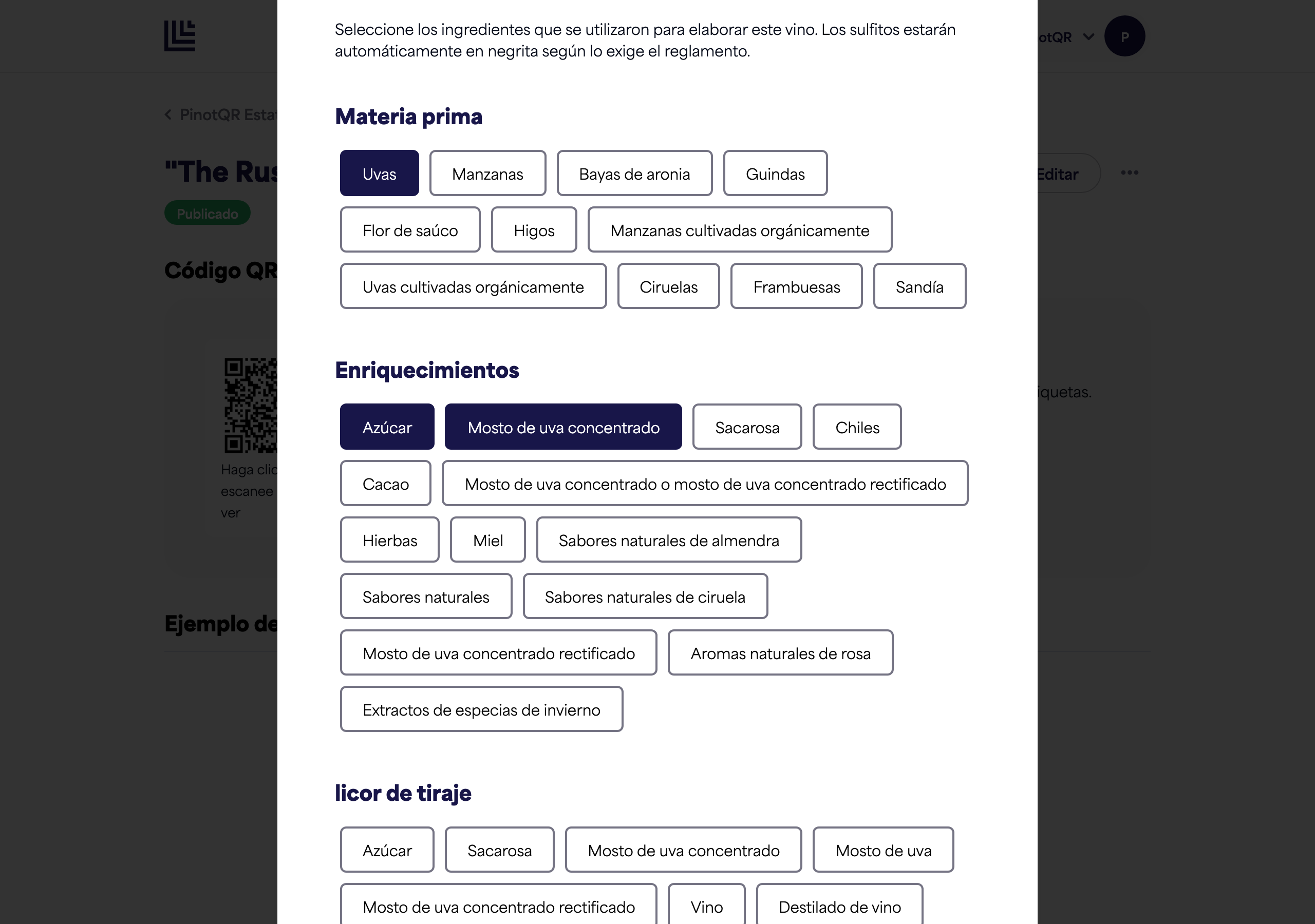 The Ingredients section with several categories and selected ingredients