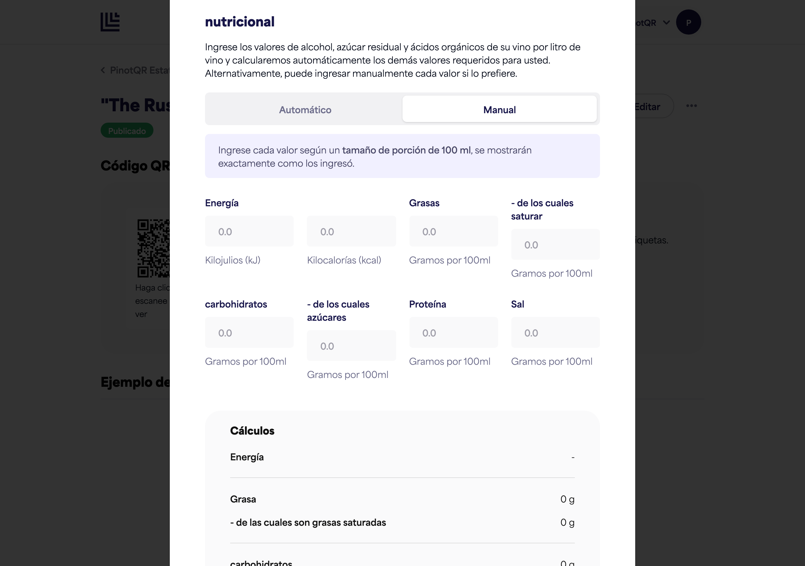 La sección Nutricional cambiada a Manual, mostrando el conjunto completo de campos