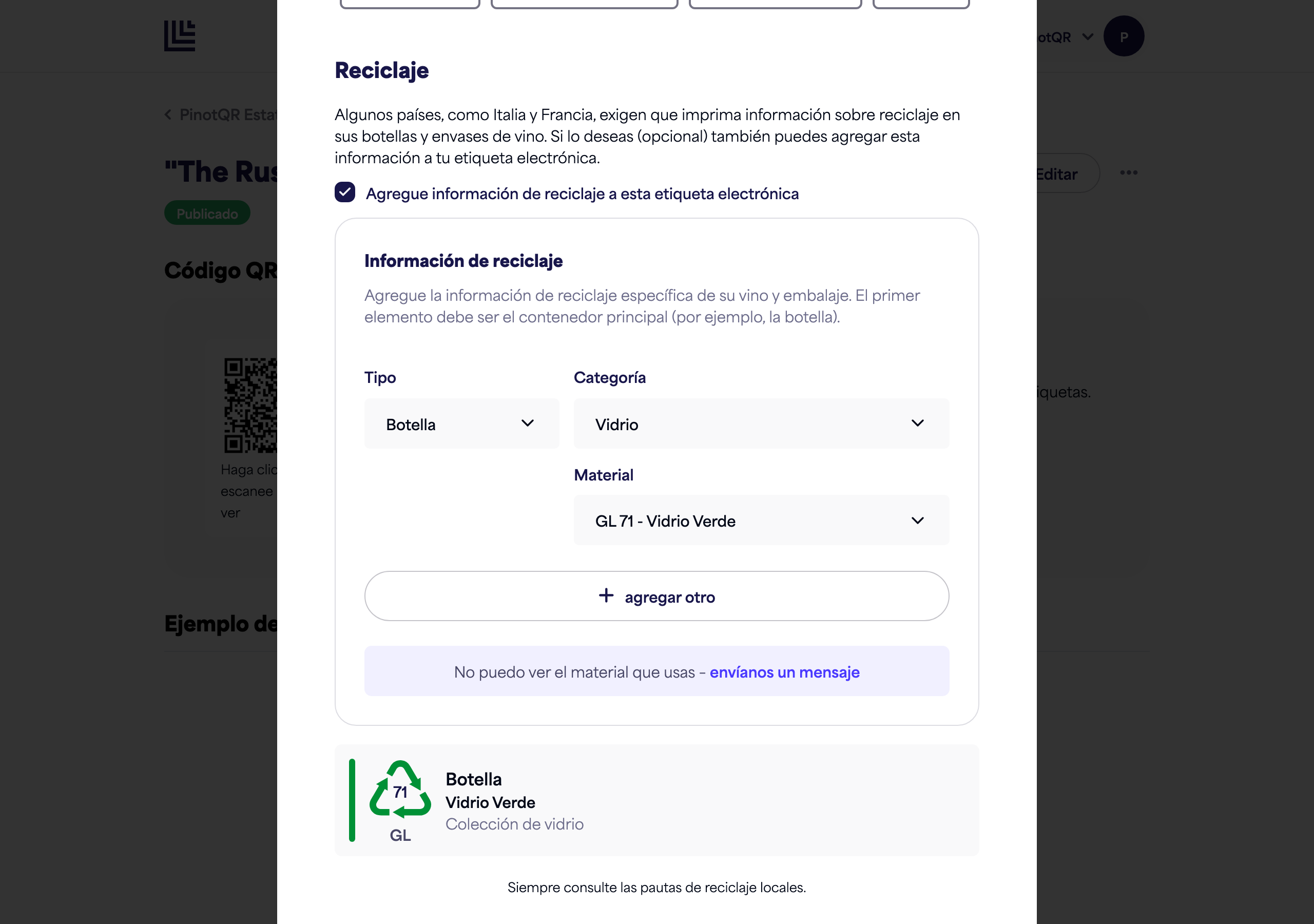 El interruptor y la explicación de la sección de Reciclaje