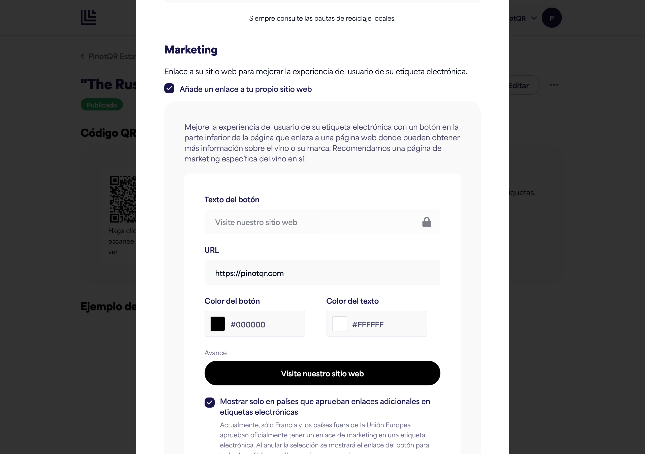 La sección de Marketing con el interruptor, el texto del botón, la URL y los selectores de color, además de la previsualización del botón en vivo