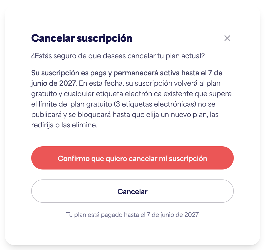El área de Suscripción de la cuenta mostrando la opción Cancelar suscripción