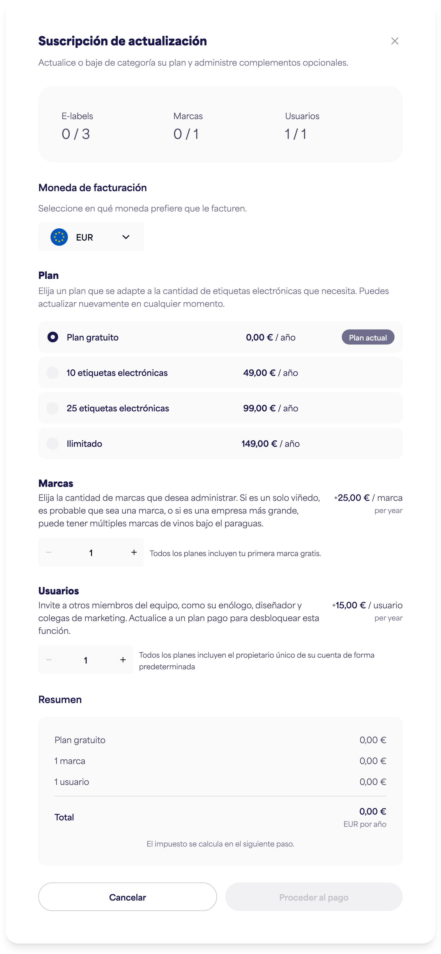 El diálogo Gestionar suscripción con opciones de plan, marcas y usuarios