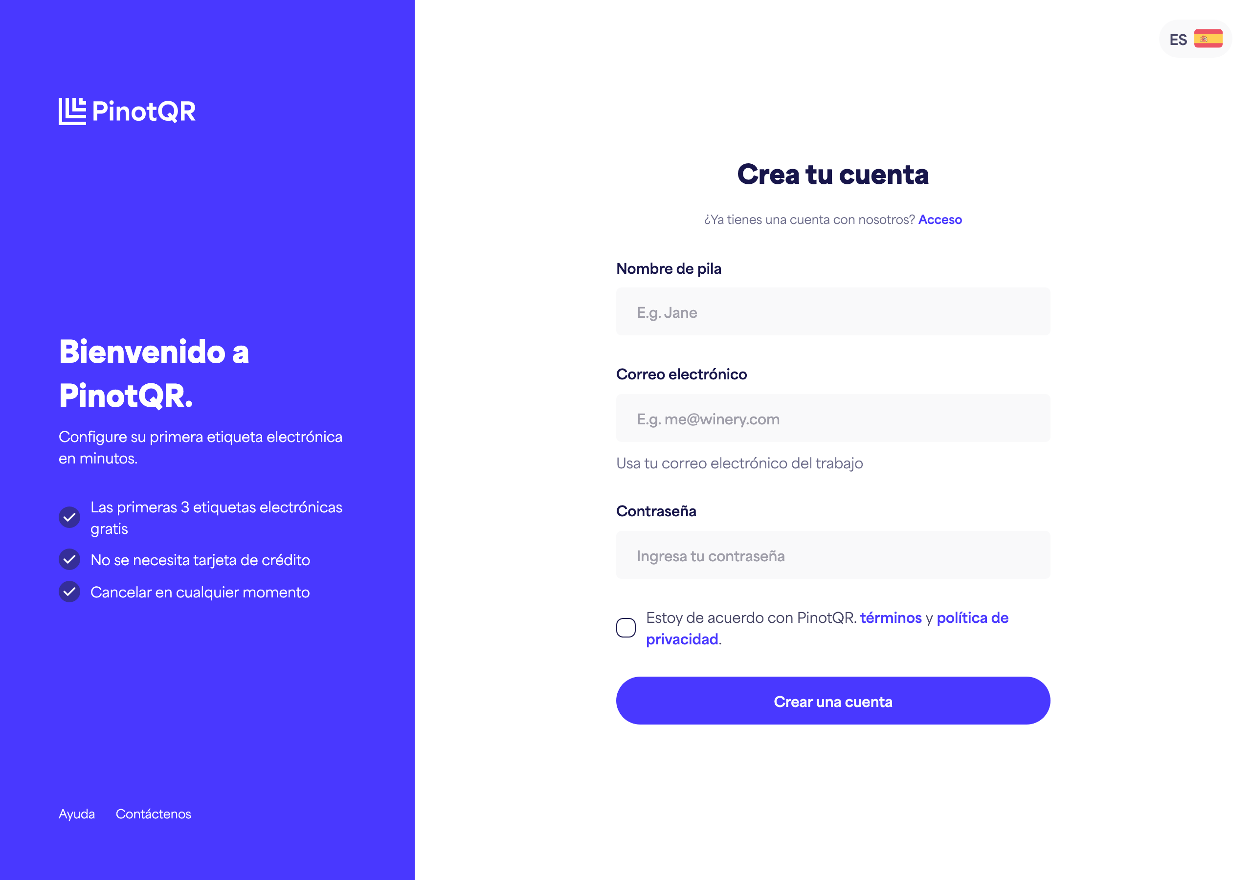 El formulario de registro con los campos Nombre, Correo electrónico, Contraseña y el botón "Crear cuenta"