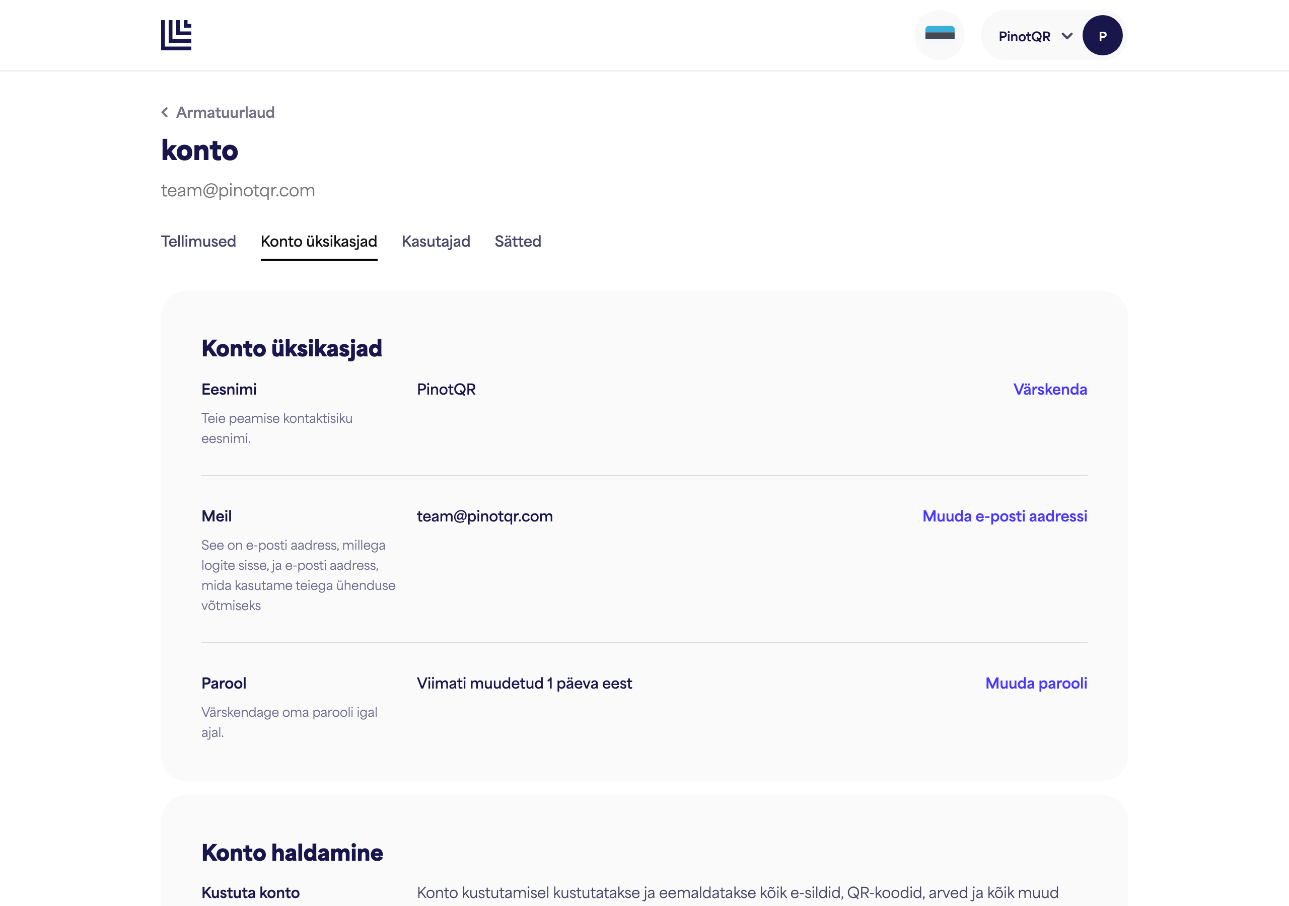 Konto üksikasjade leht eesnime väljaga