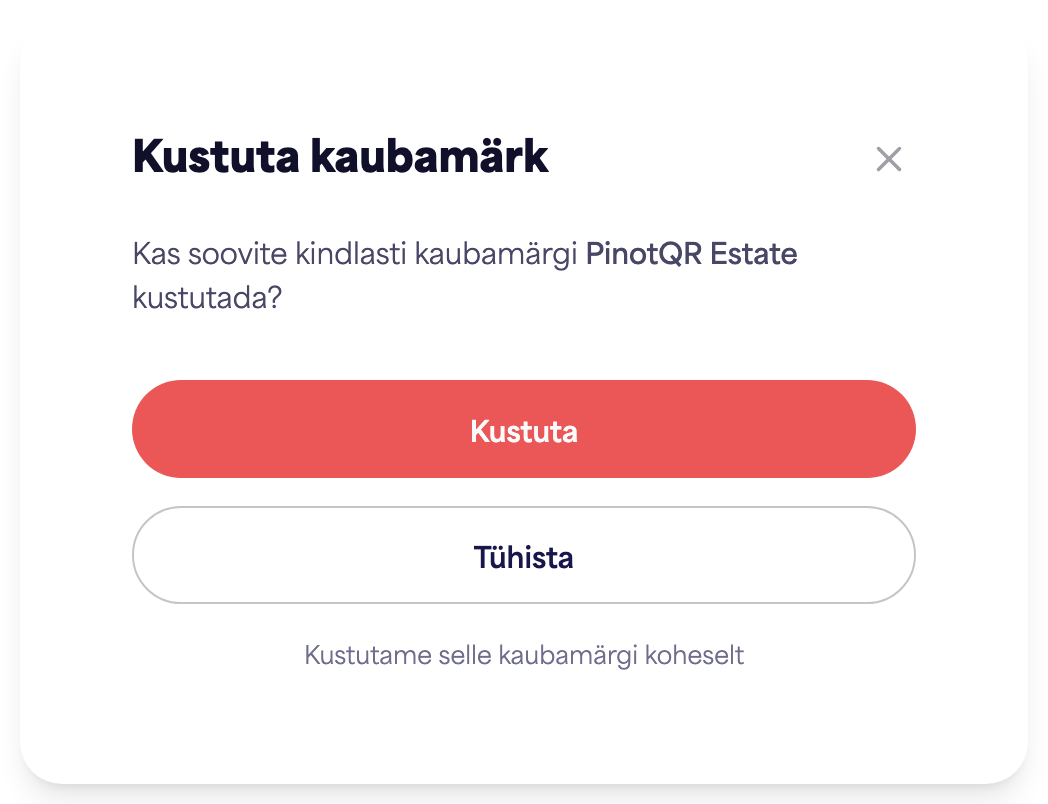 Dialoog "Kustuta bränd" kinnitusega, mis hoiatab olemasolevate e-siltide kohta