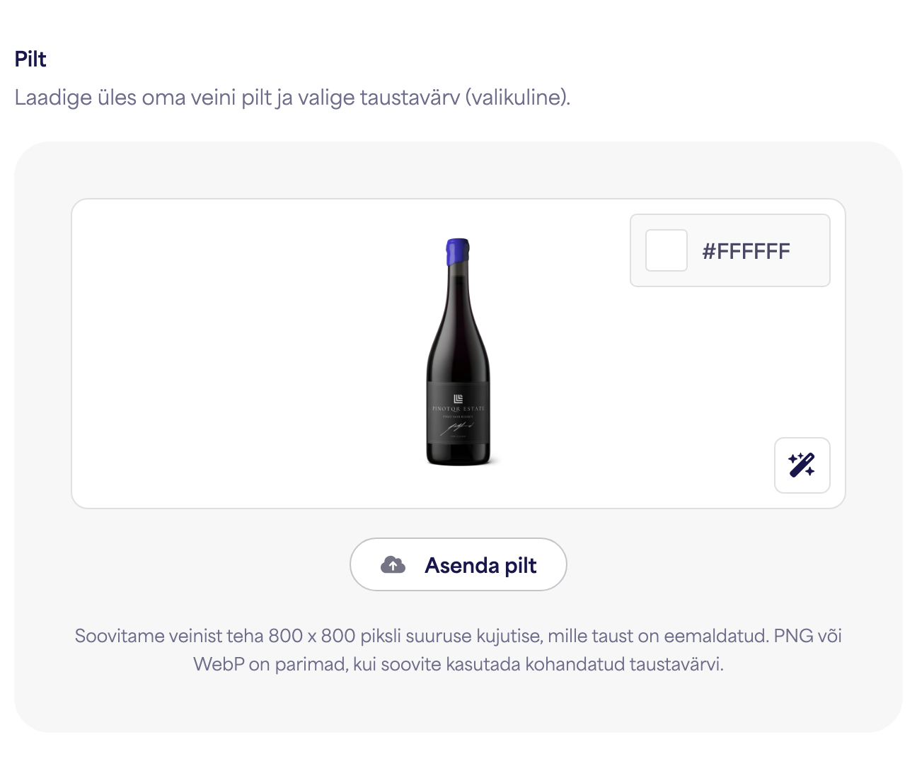 Pudeli pildi üleslaadija näidisveinipildiga