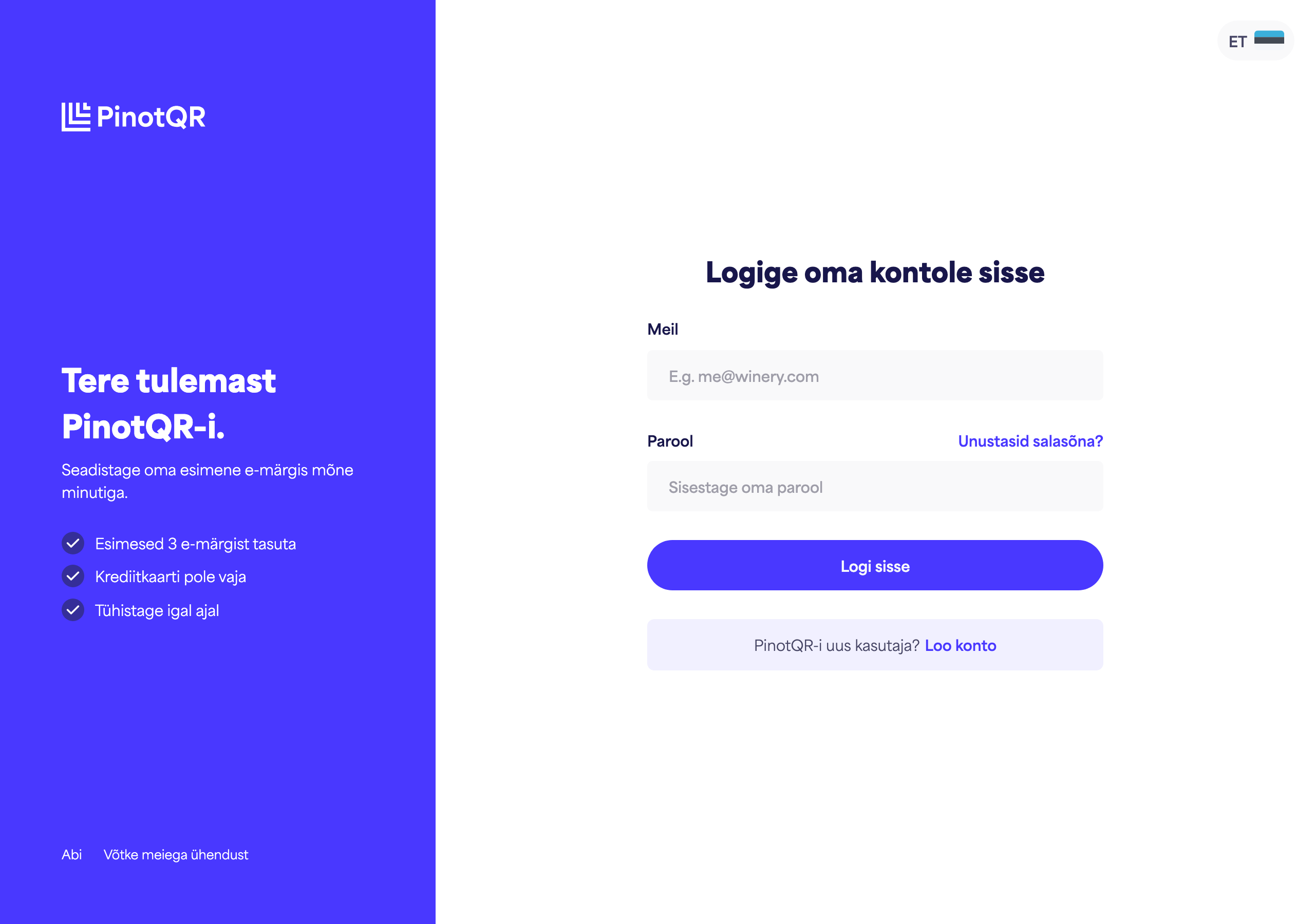 Sisselogimisvorm e-posti ja parooli väljadega, nupuga "Logi sisse" ja lingiga "Unustasid parooli?"