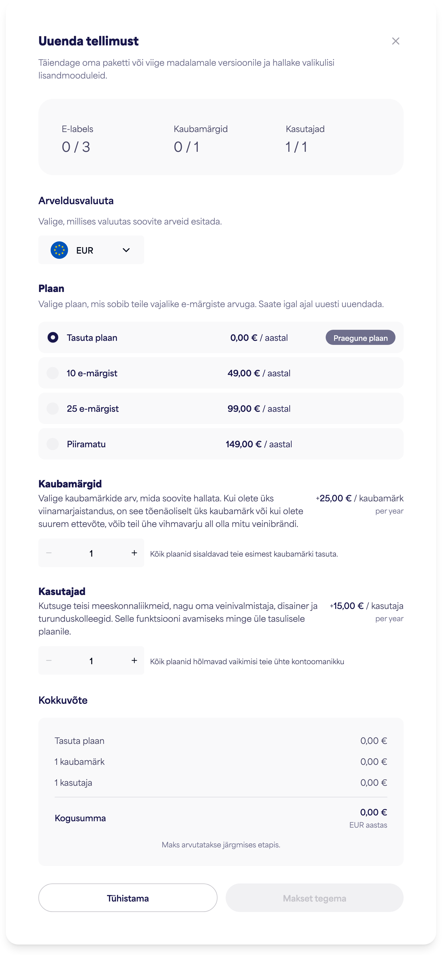 Tellimuse haldamise dialoog plaani, brändide ja kasutajate valikutega