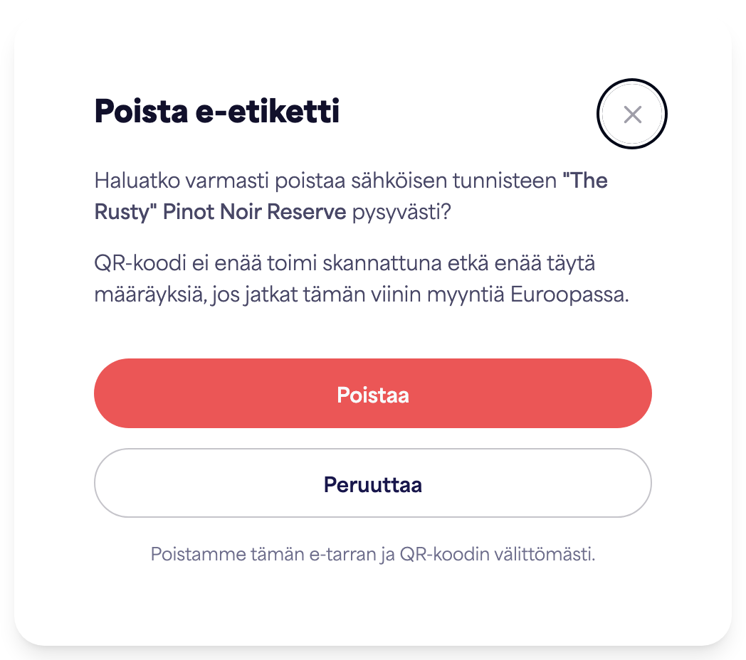E-etiketin poiston vahvistusikkuna