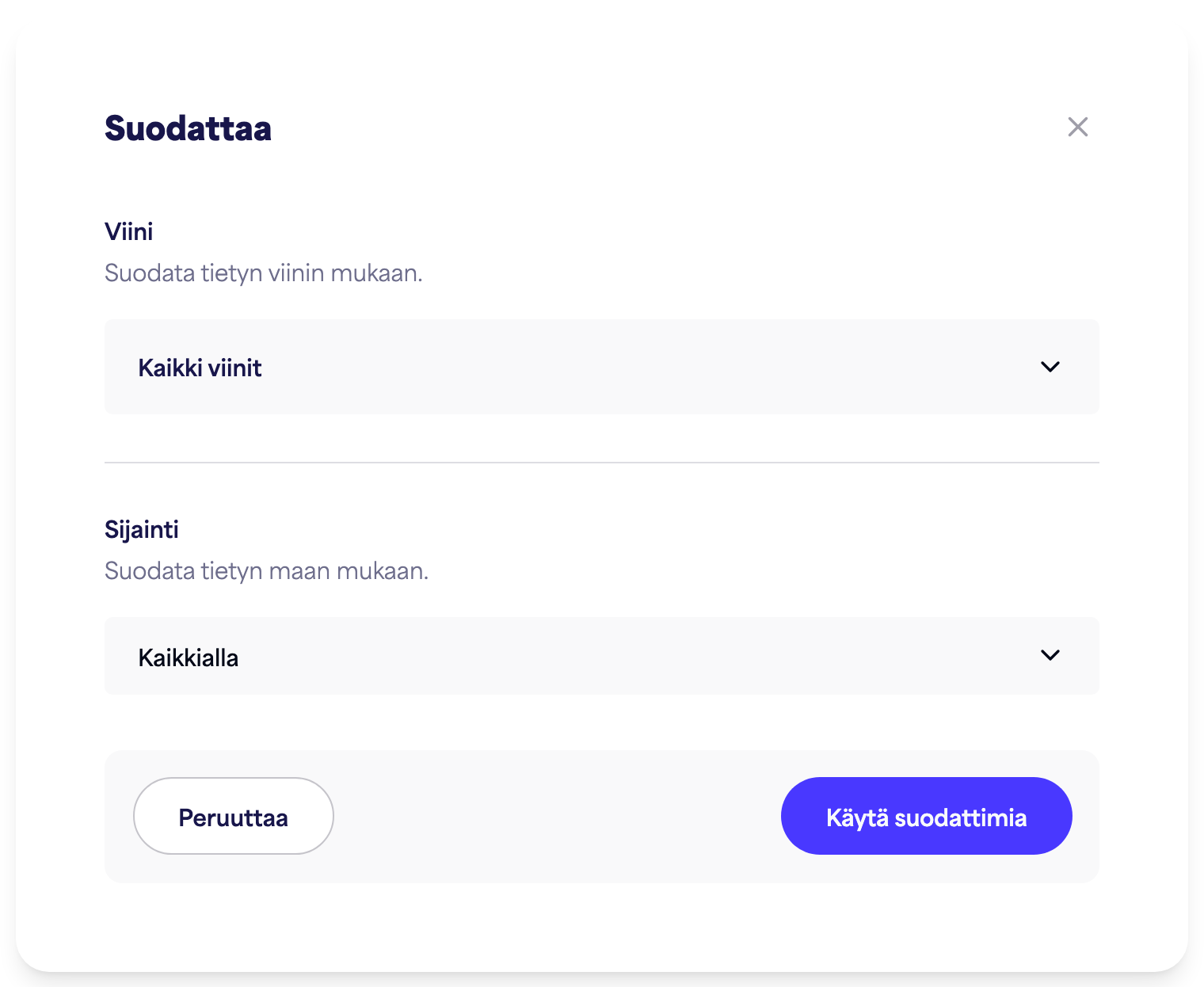 Näkymien suodatinpaneeli (aika, viini, sijainti)