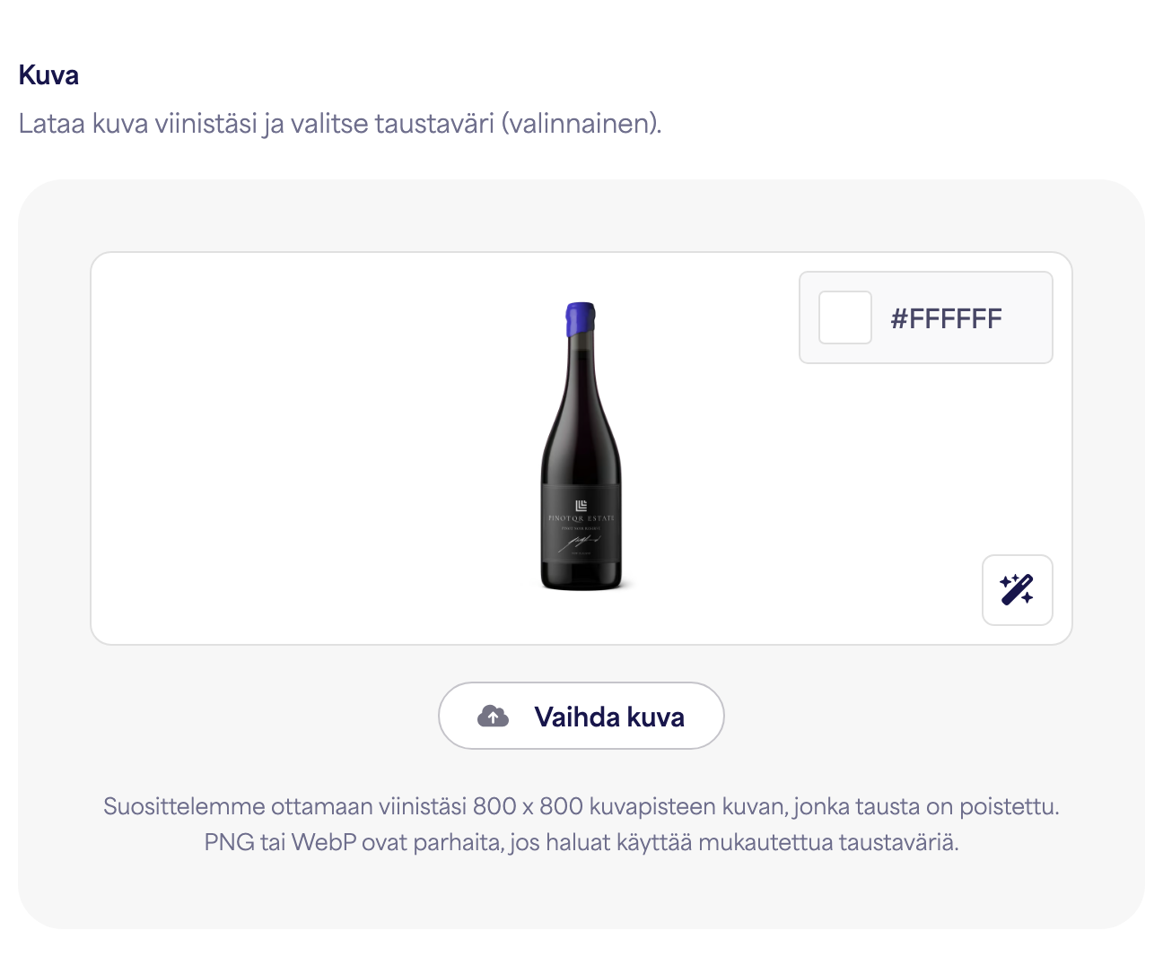 Pullokuvan lataaja esimerkkiviinikuvalla
