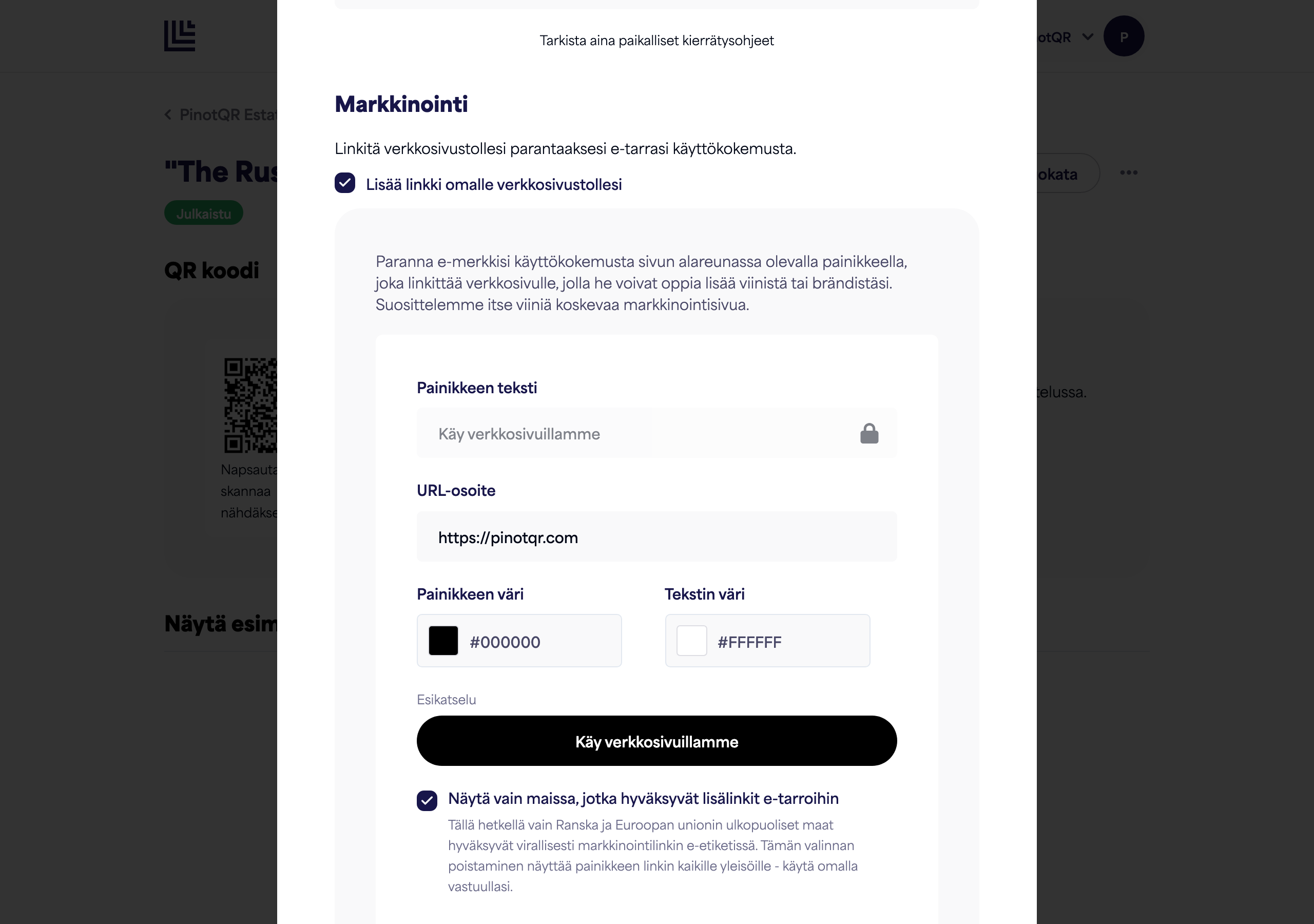 Markkinointi-osio, jossa on kytkin, painikkeen teksti, URL-osoite ja värinvalitsimet sekä painikkeen live-esikatselu