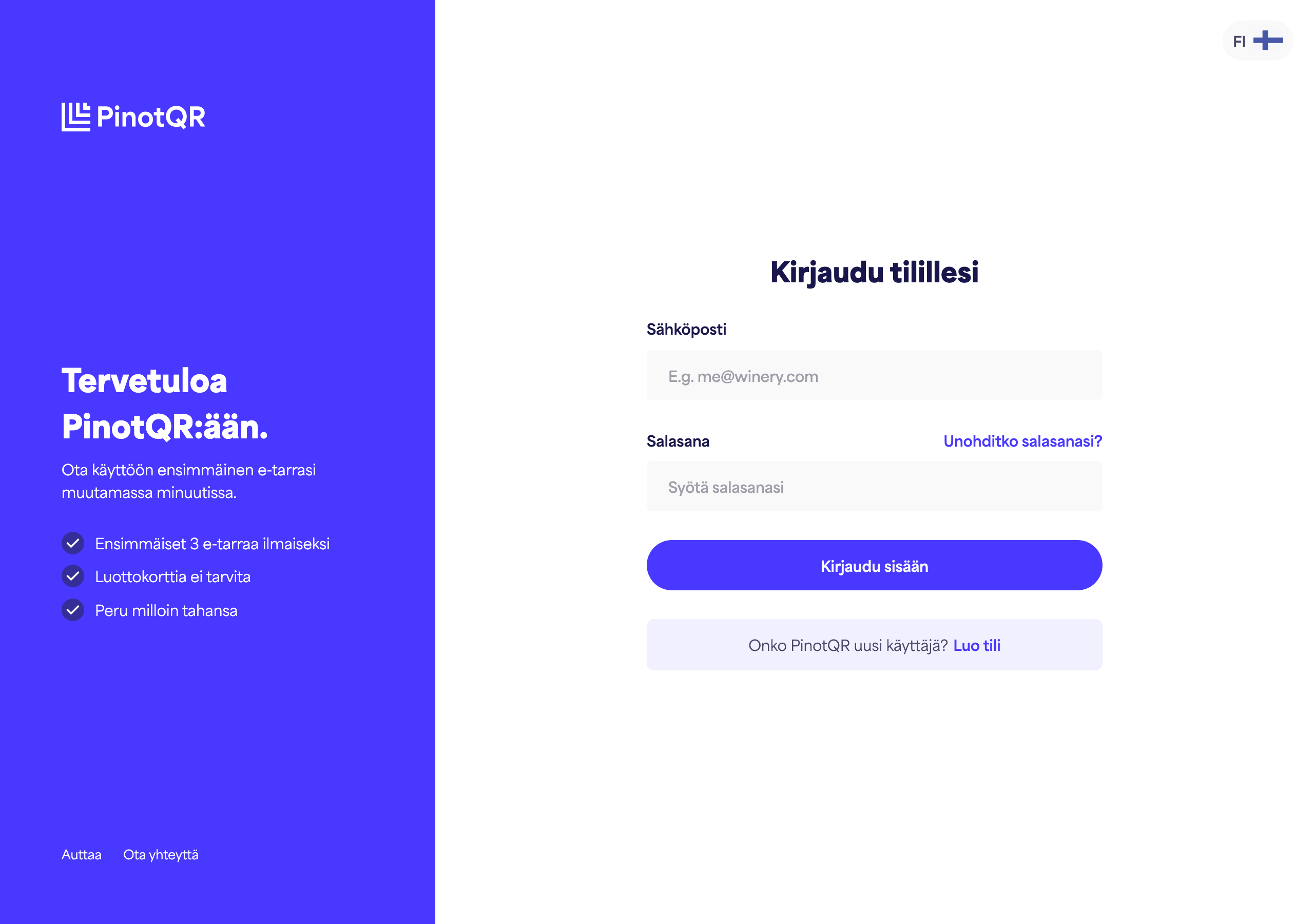 Kirjautumislomake, jossa sähköposti- ja salasanakentät, "Kirjaudu sisään" -painike ja "Unohditko salasanasi?" -linkki