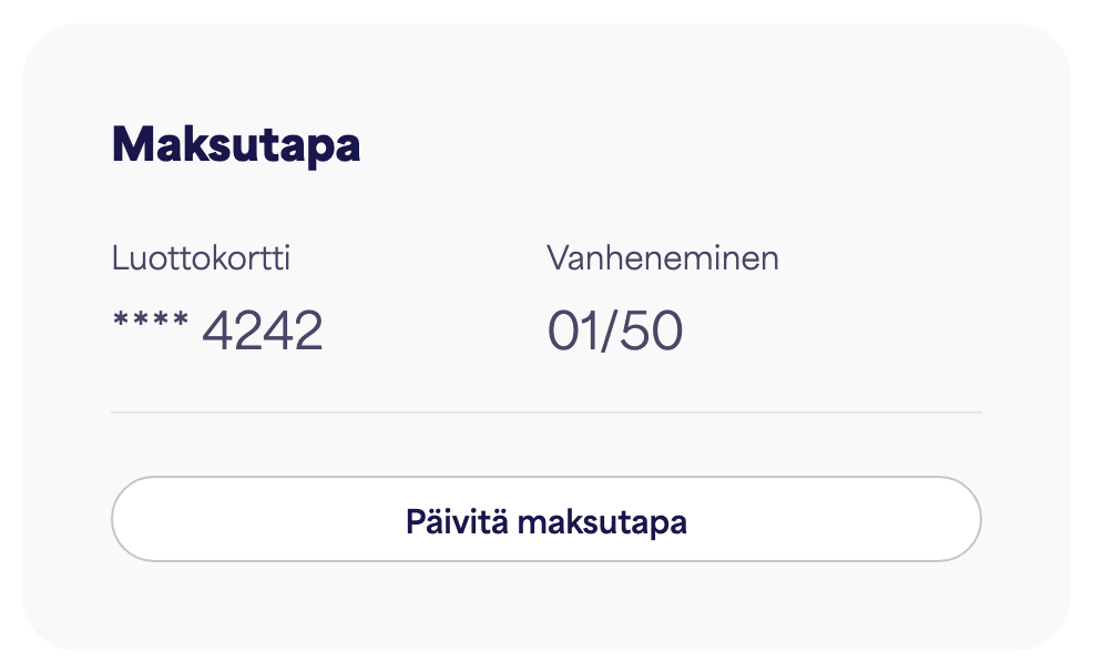 Maksutapakortti, joka näyttää tallennetun kortin ja "Päivitä maksutapa"