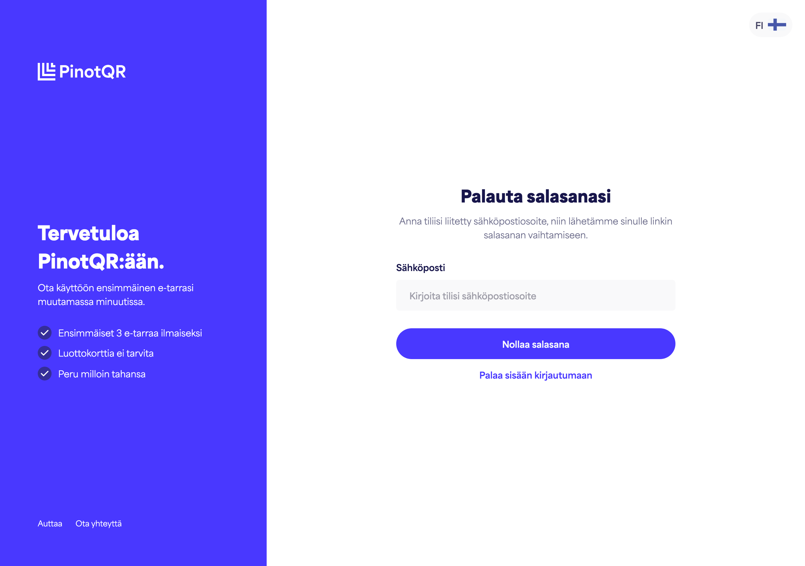 Salasanan palautusnäyttö, jossa syötät sähköpostiosoitteesi