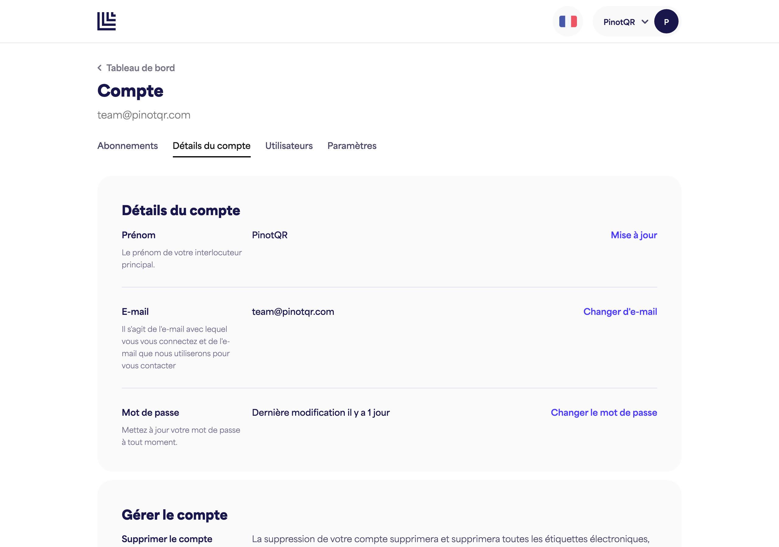 La page Détails du compte avec le champ Prénom