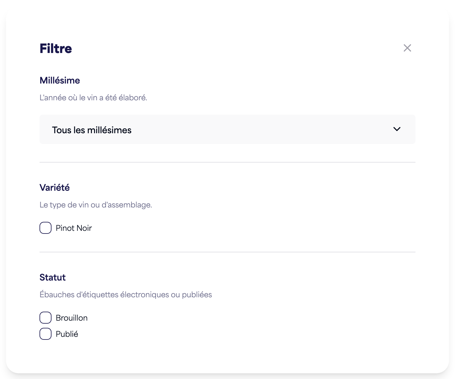 Le panneau de filtre avec les options de millésime, variété et statut