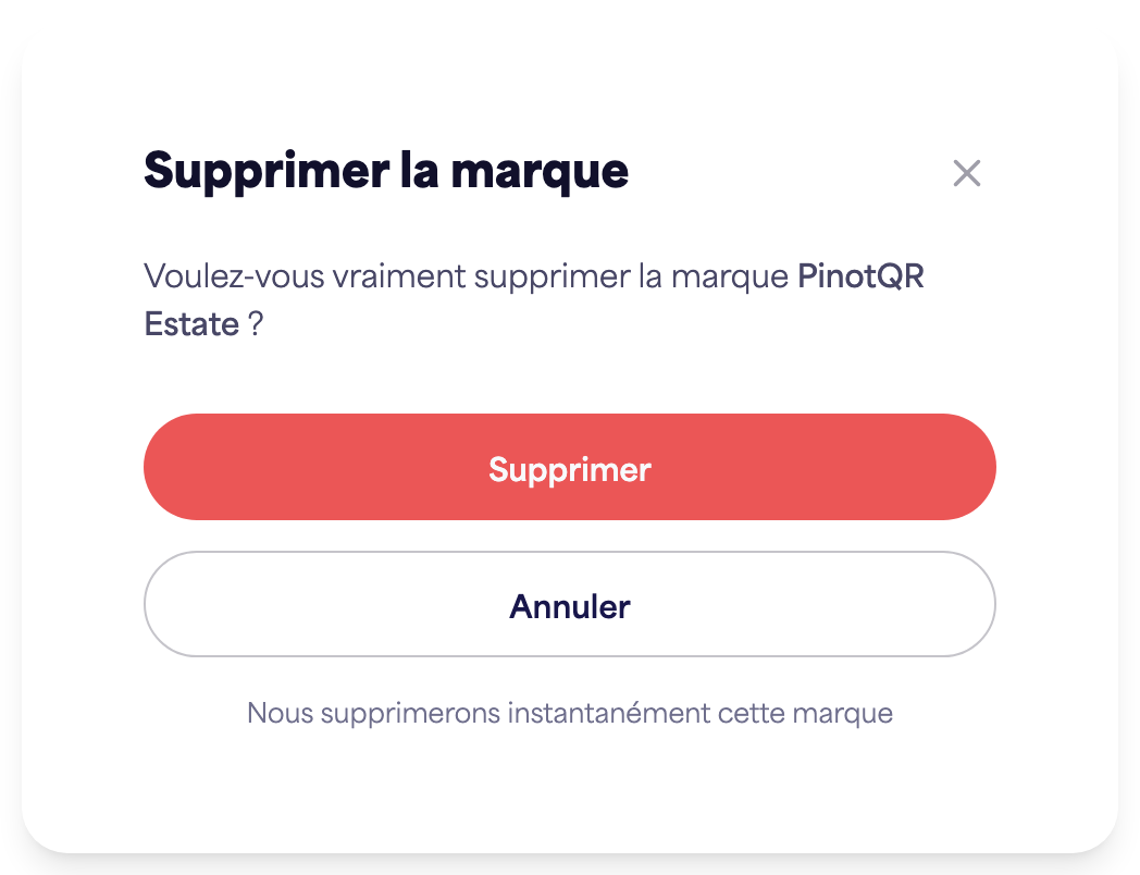 La boîte de dialogue de confirmation « Supprimer la marque » avertissant des e-étiquettes existantes