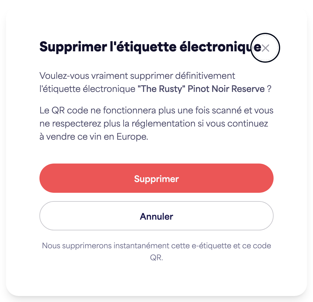 La boîte de dialogue de confirmation "Supprimer l'étiquette électronique"