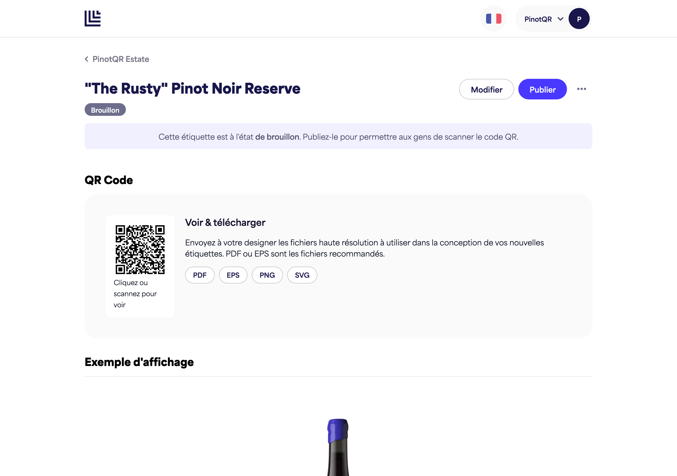 Une e-étiquette brouillon affichant la notification de brouillon et le bouton "Publier"