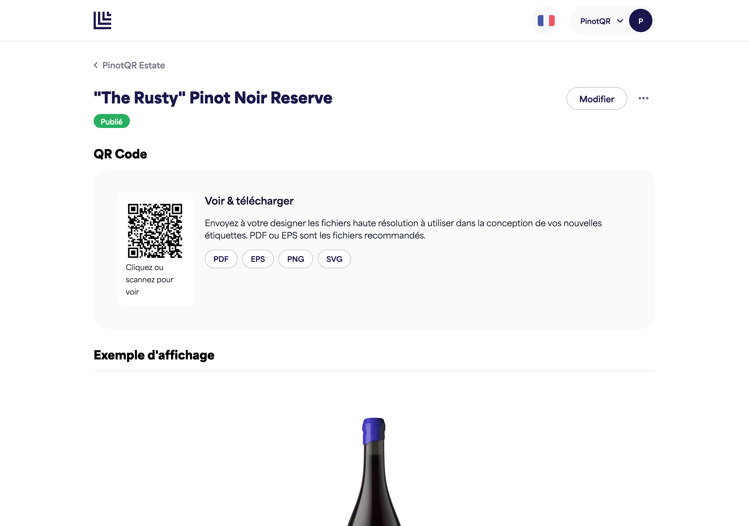 Une page d'e-étiquette avec l'option "Dépublier"