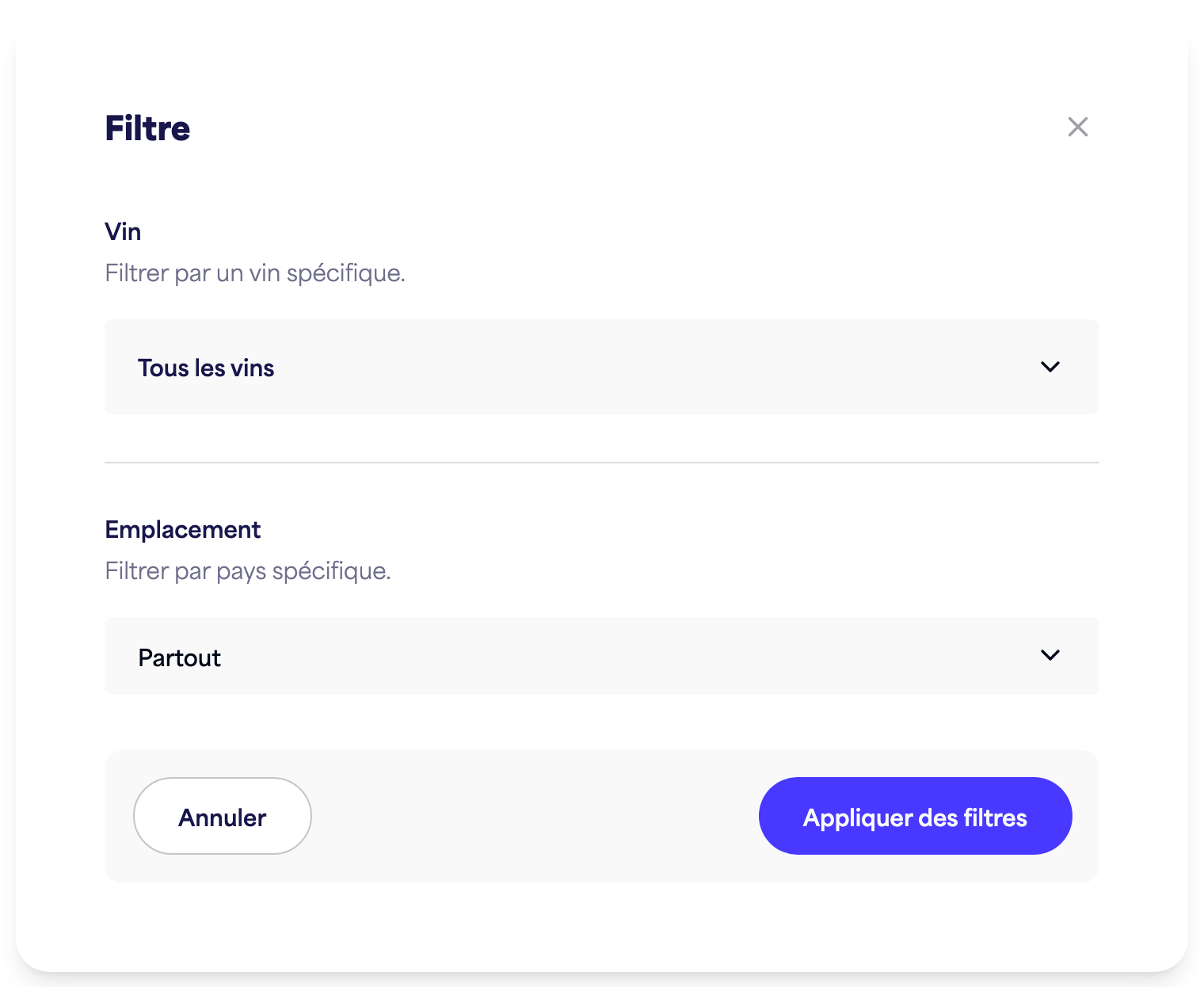 Le panneau de filtre Insights (temps, vin, emplacement)