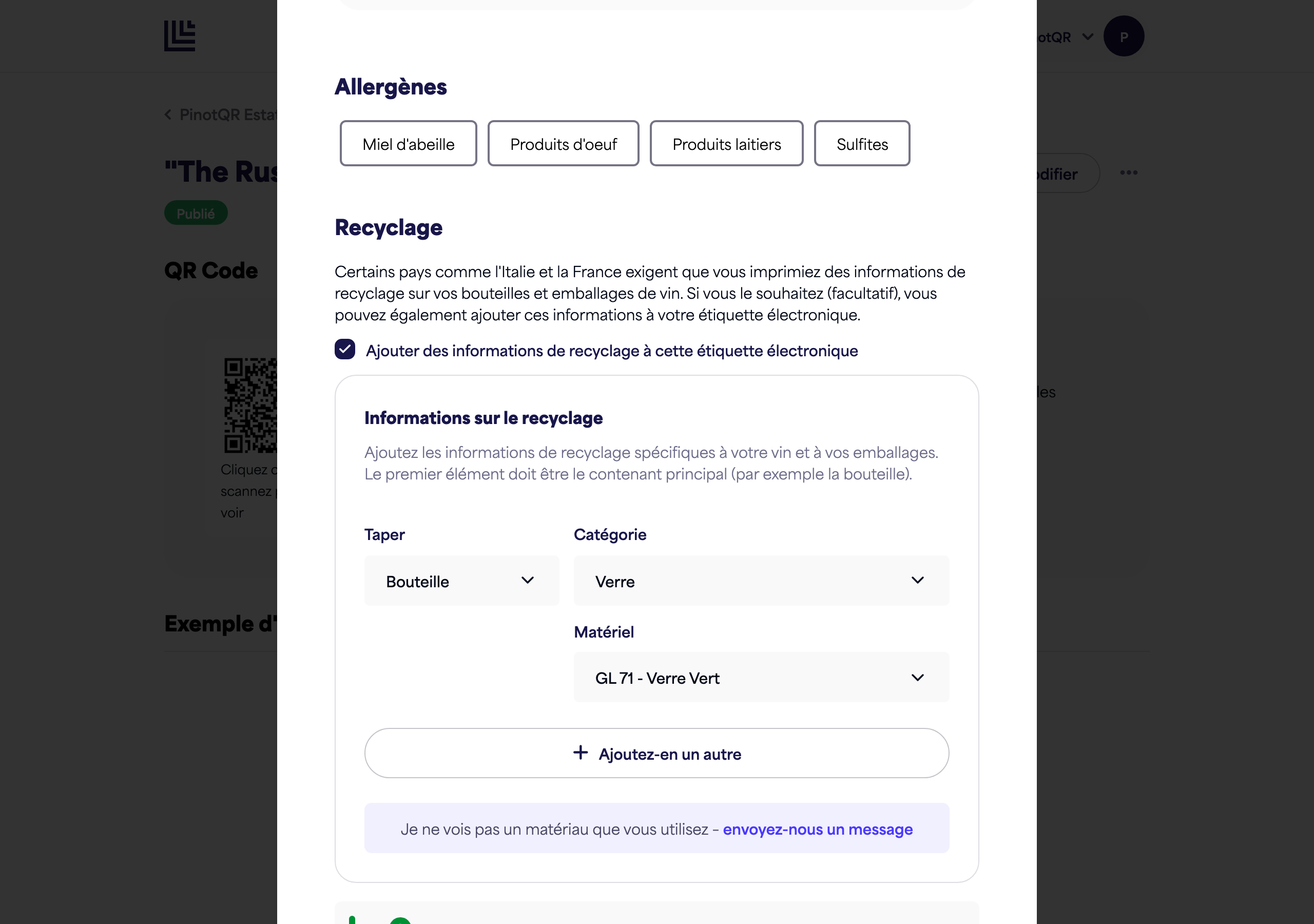 La section Allergènes avec les options d'allergènes