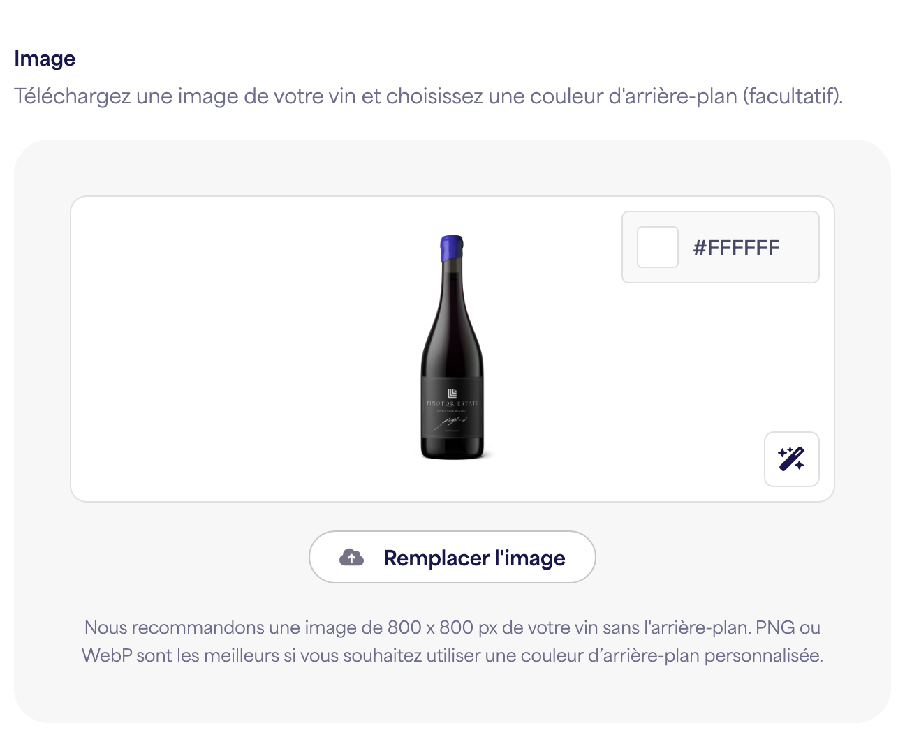 L'outil de téléchargement d'image de bouteille avec un exemple d'image de vin
