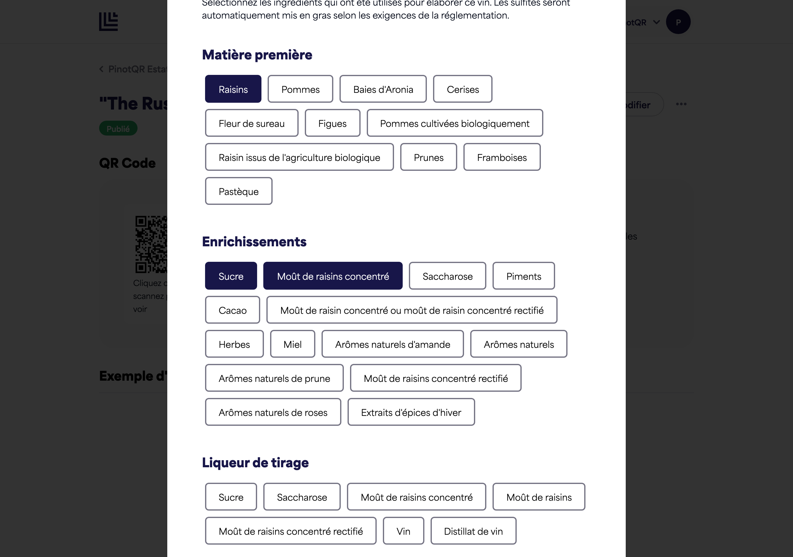 The Ingredients section with several categories and selected ingredients
