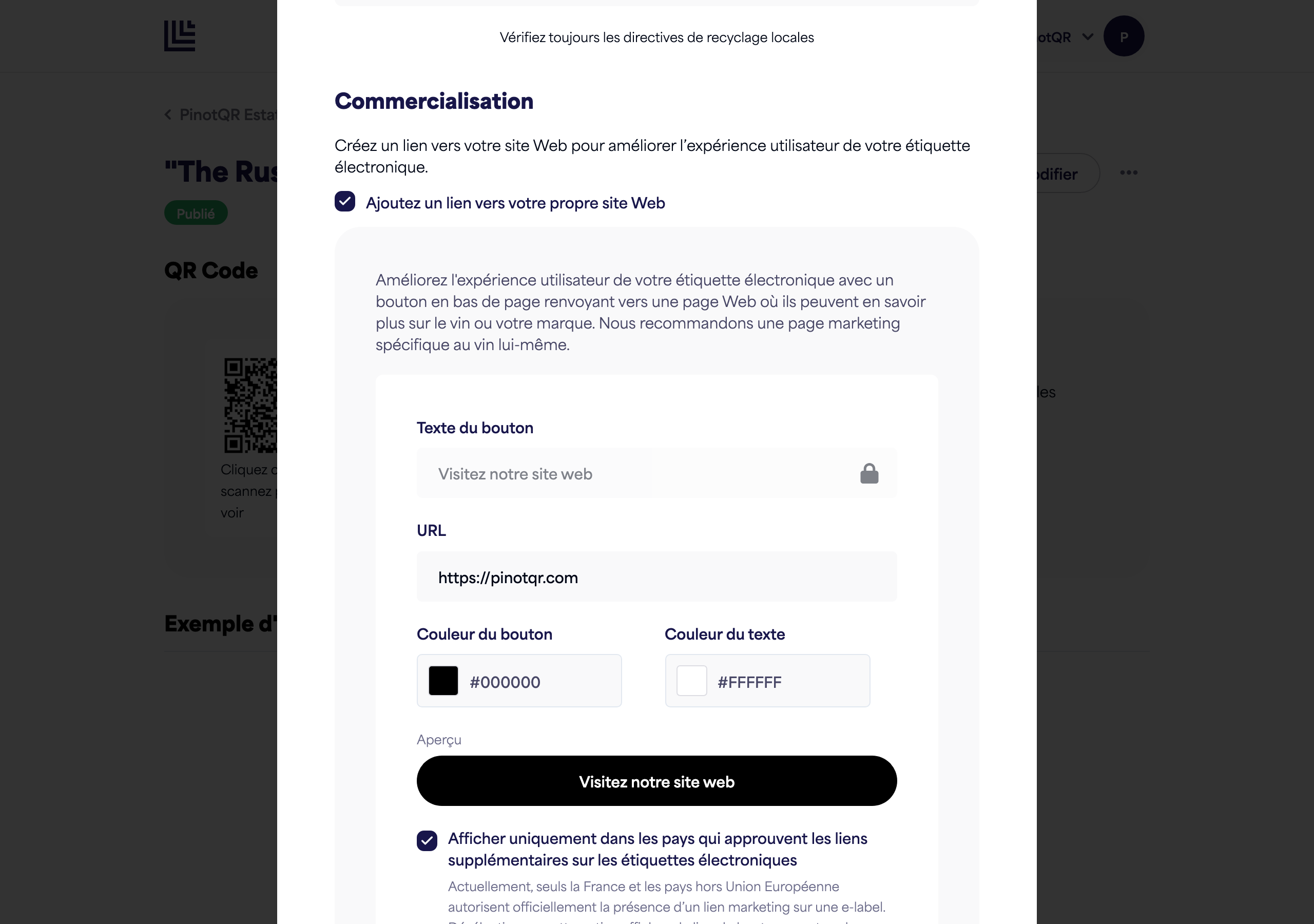 La section Marketing avec le bouton à bascule, le texte du bouton, l'URL et les sélecteurs de couleur ainsi que l'aperçu en direct du bouton