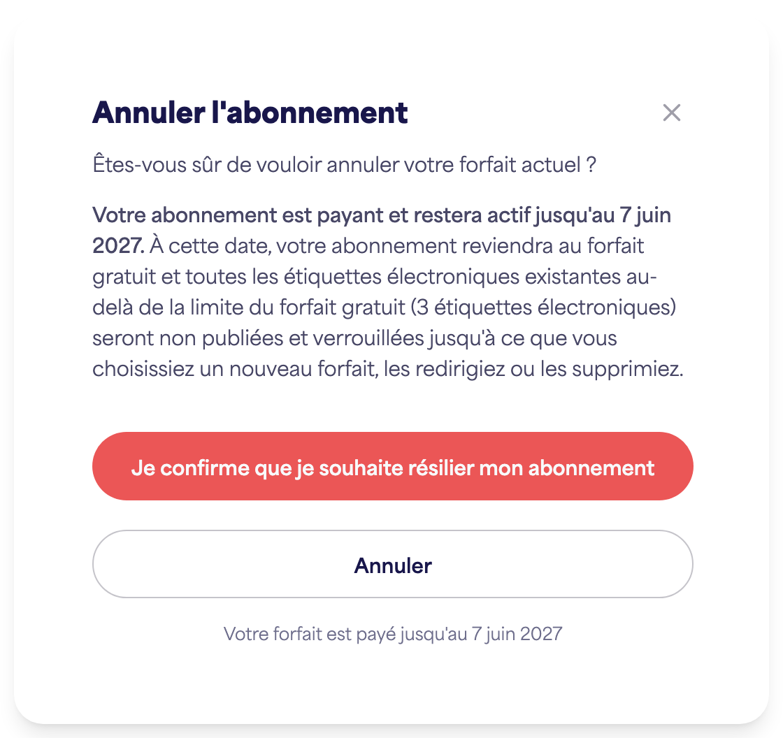 La section Abonnement du compte montrant l'option Annuler l'abonnement