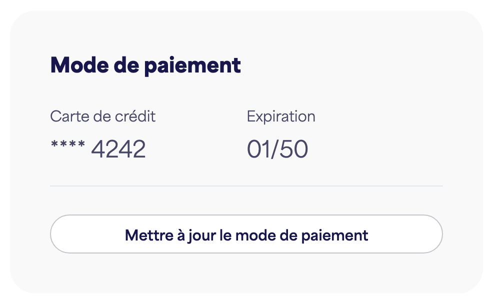 La carte du mode de paiement affichant la carte enregistrée et "Mettre à jour le mode de paiement"