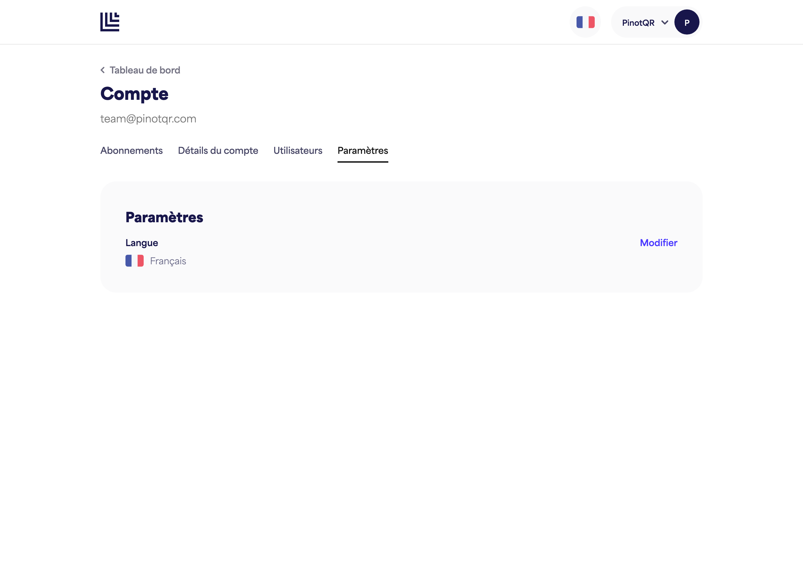 La page Paramètres avec l'option Langue