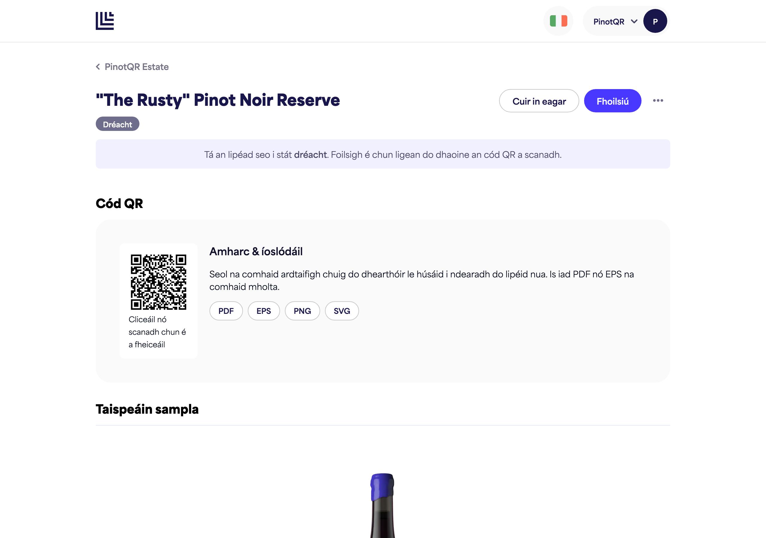 A draft e-label showing the draft notice and the "Publish" button