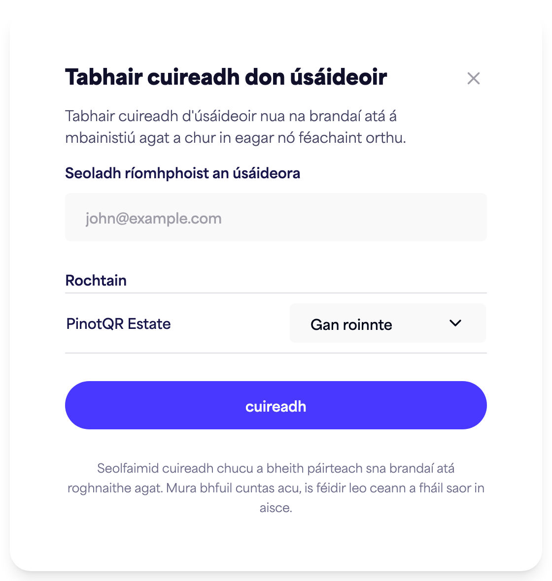 An dialóg "Tabhair cuireadh d'úsáideoir" leis an réimse ríomhphoist agus roghanna rochtana de réir branda