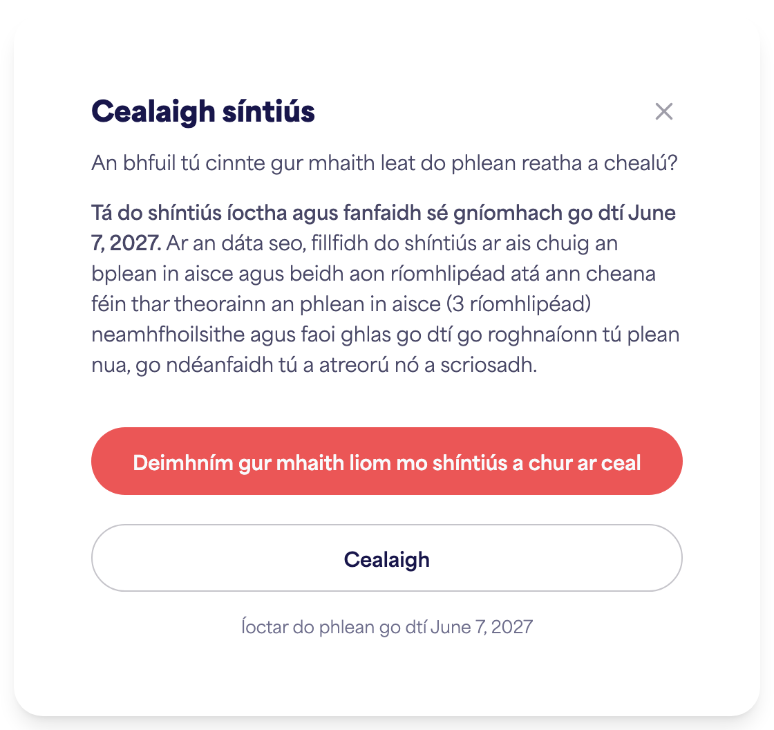 Limistéar Síntiúis an chuntais ag taispeáint an rogha Cealaigh síntiús