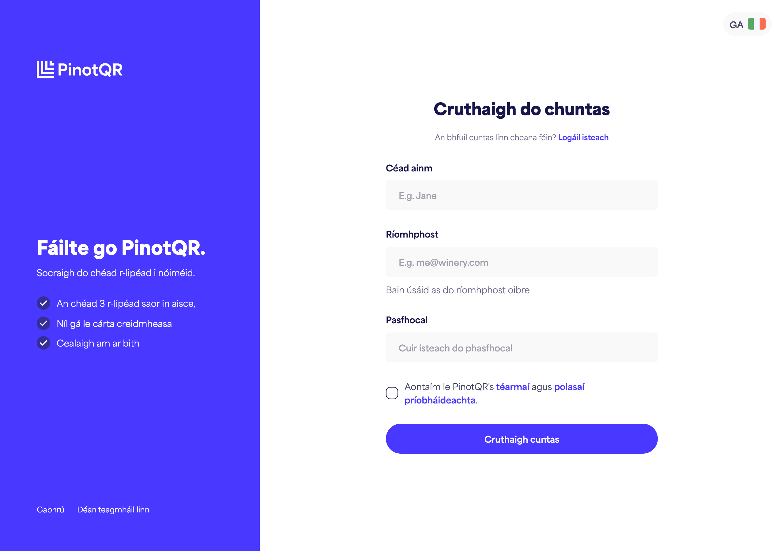An fhoirm chlárúcháin le réimsí an Ainm, an Ríomhphoist, an Phasfhocail agus an cnaipe "Cruthaigh cuntas"