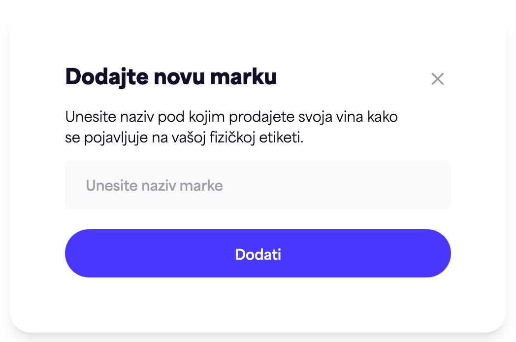 Dijaloški okvir "Dodaj novi brend" s poljem za naziv brenda i gumbom "Dodaj"