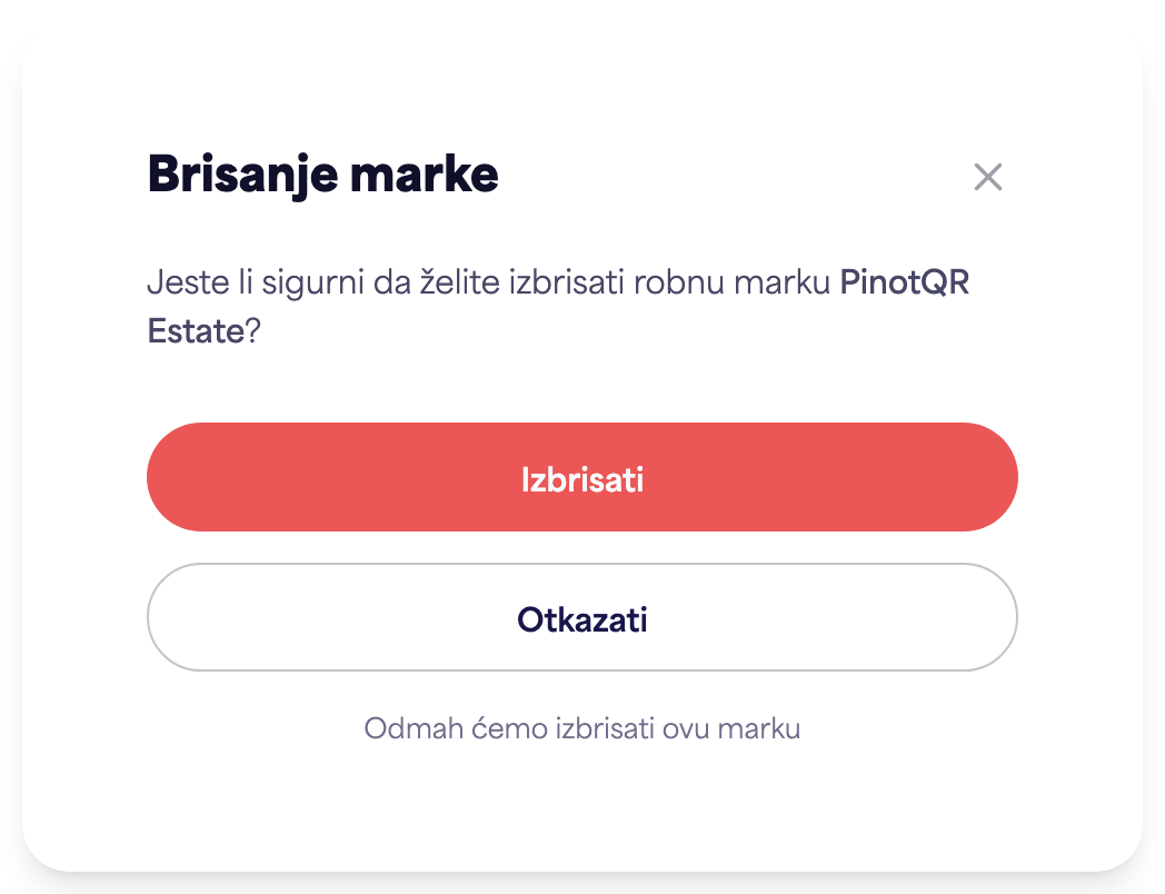 Dijalog za potvrdu "Izbriši brend" upozorava na postojeće e-etikete