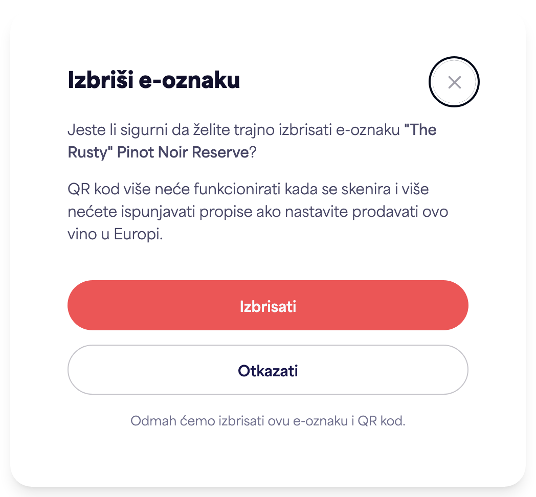 Dijaloški okvir za potvrdu "Izbriši e-oznaku"