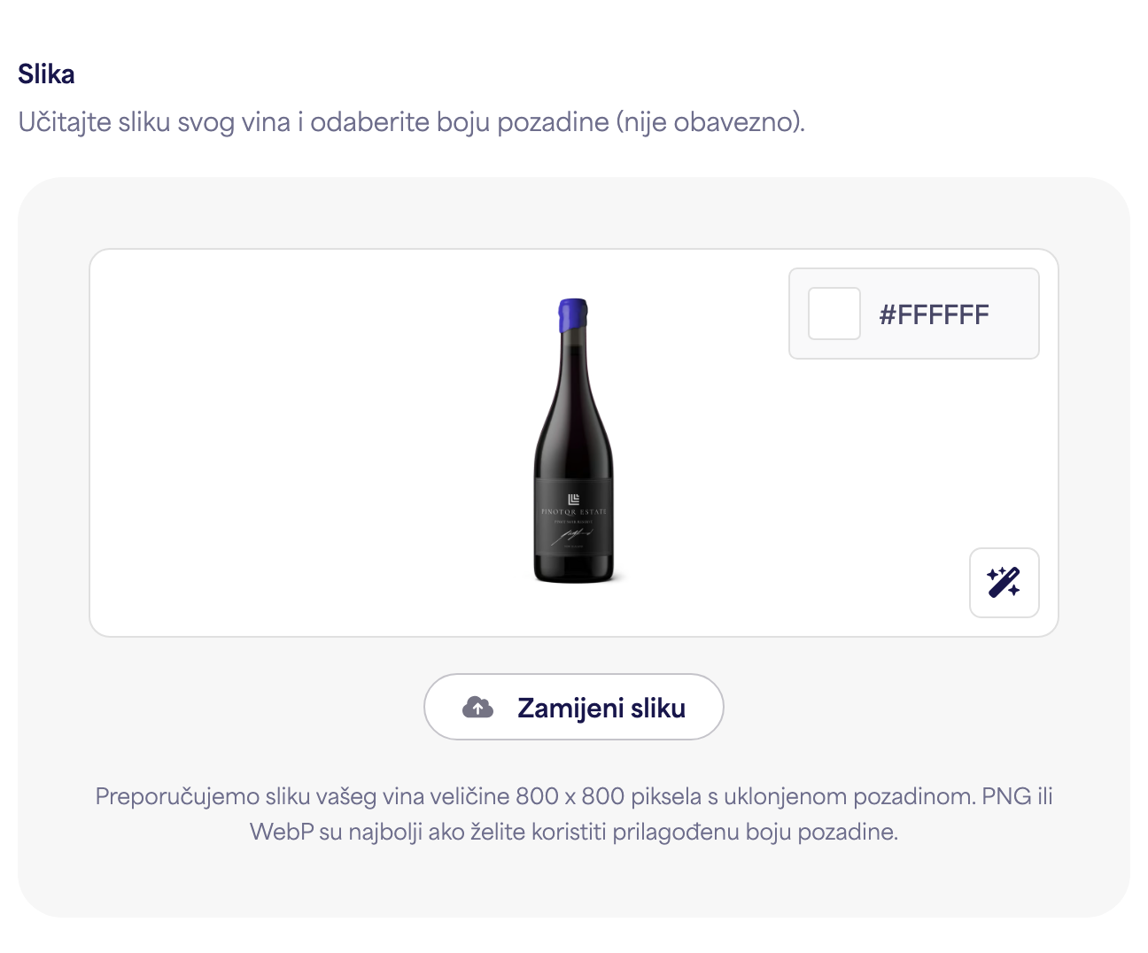 Alat za učitavanje slike boce s primjerom slike vina