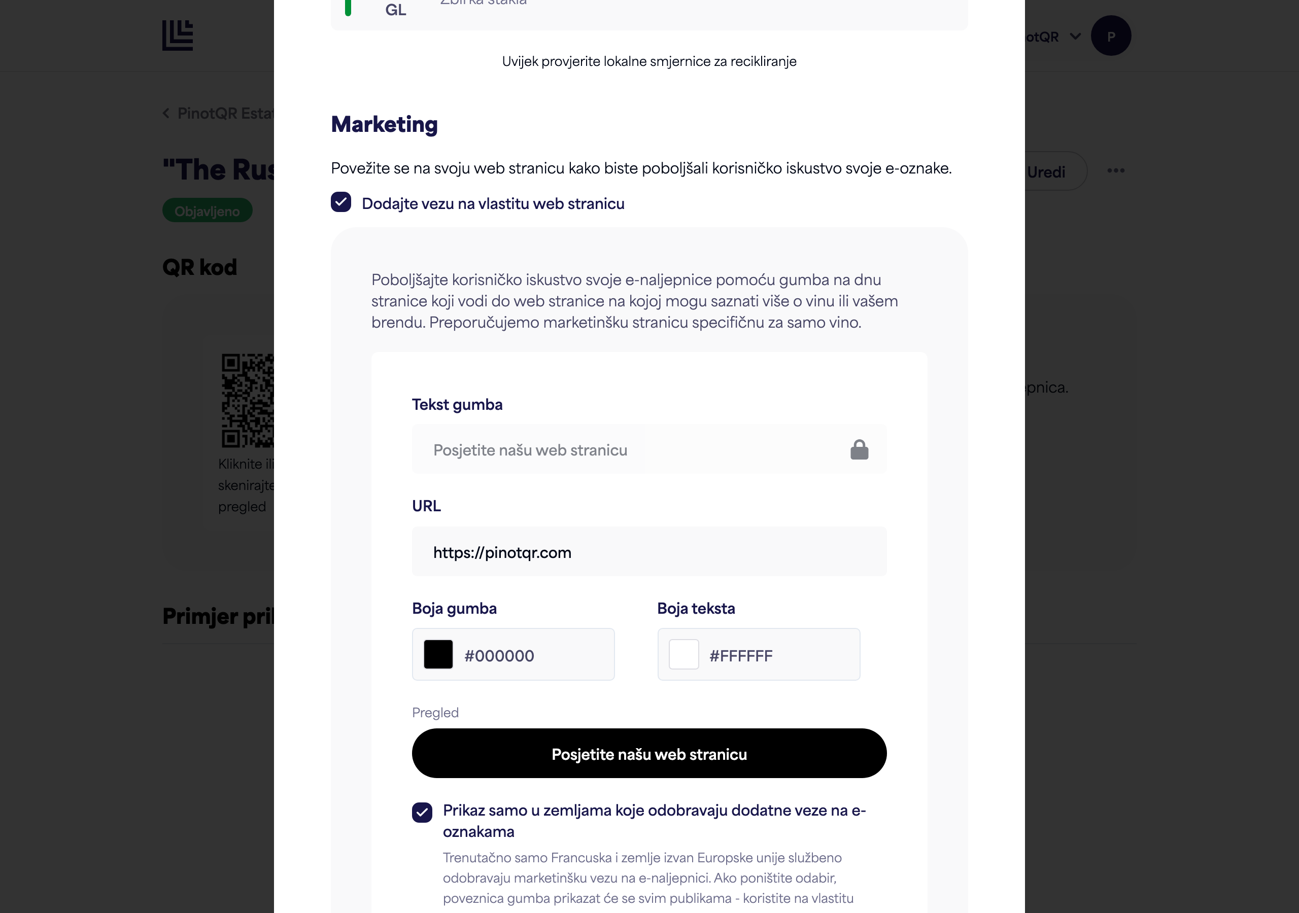 Odjeljak Marketing s preklopnikom, tekstom dugmeta, URL-om i biračima boja te pregledom dugmeta uživo