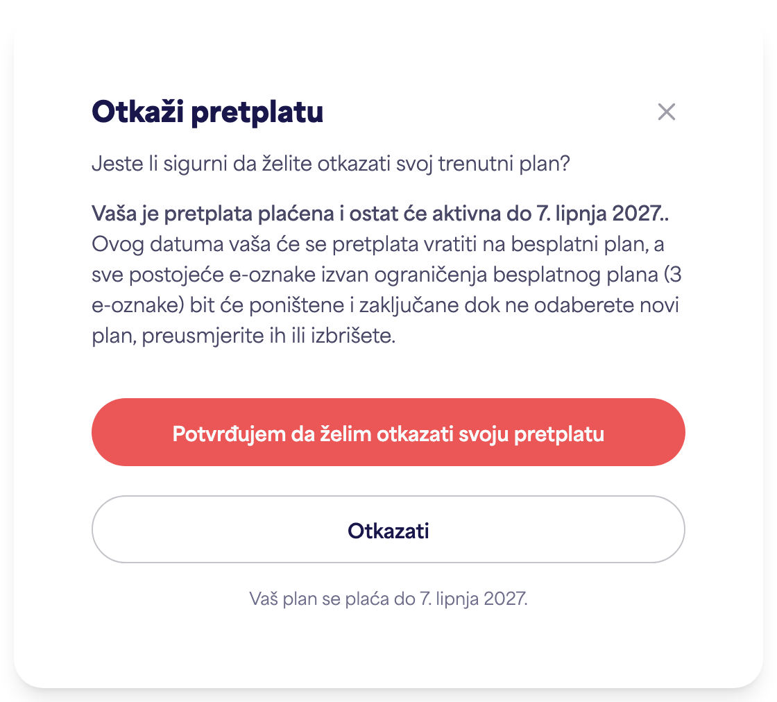 Područje pretplate na računu koje prikazuje opciju Otkaži pretplatu